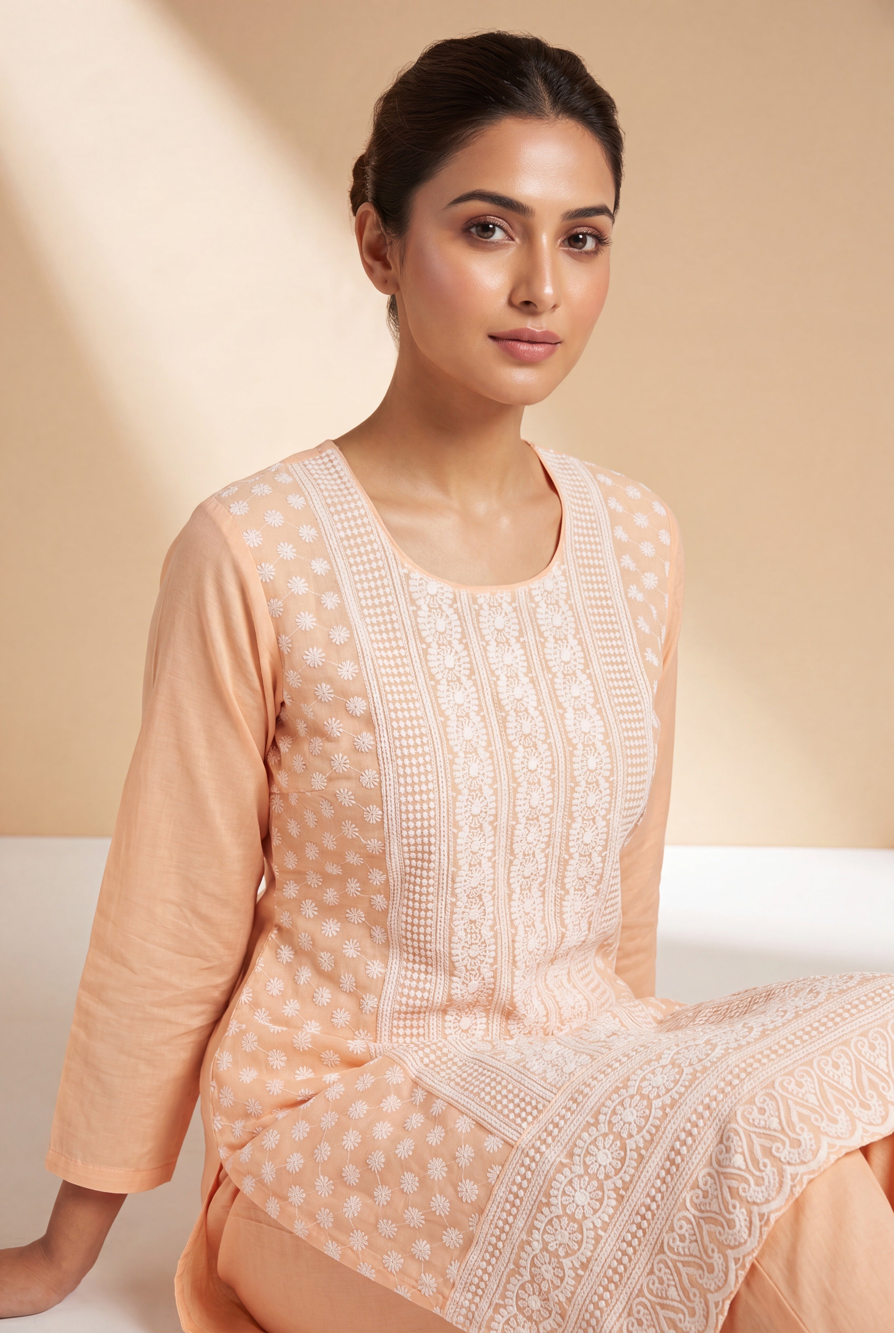 Peach Kumudini Cotton Kurti with Chikankari Embroidary