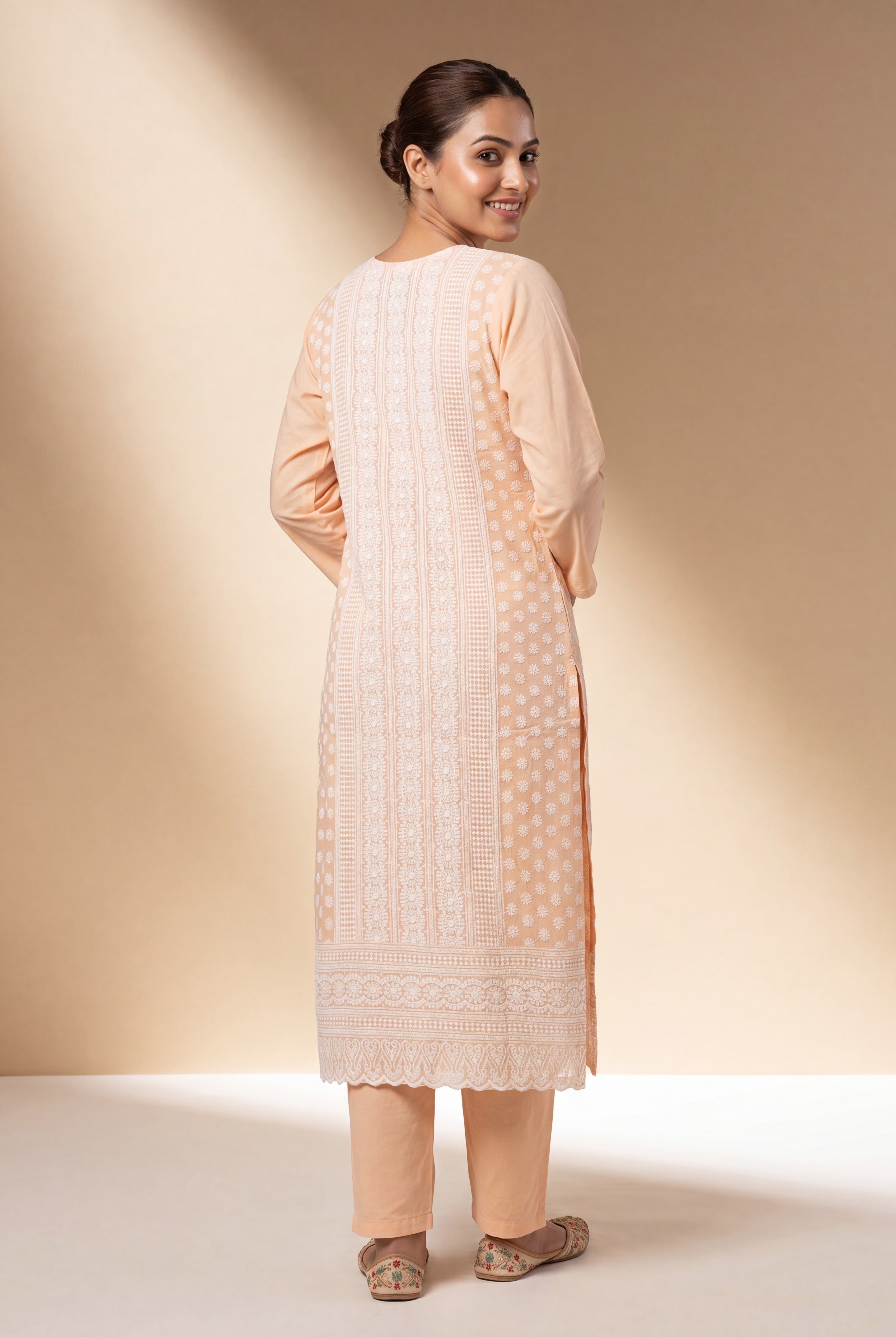 Peach Kumudini Cotton Kurti with Chikankari Embroidary