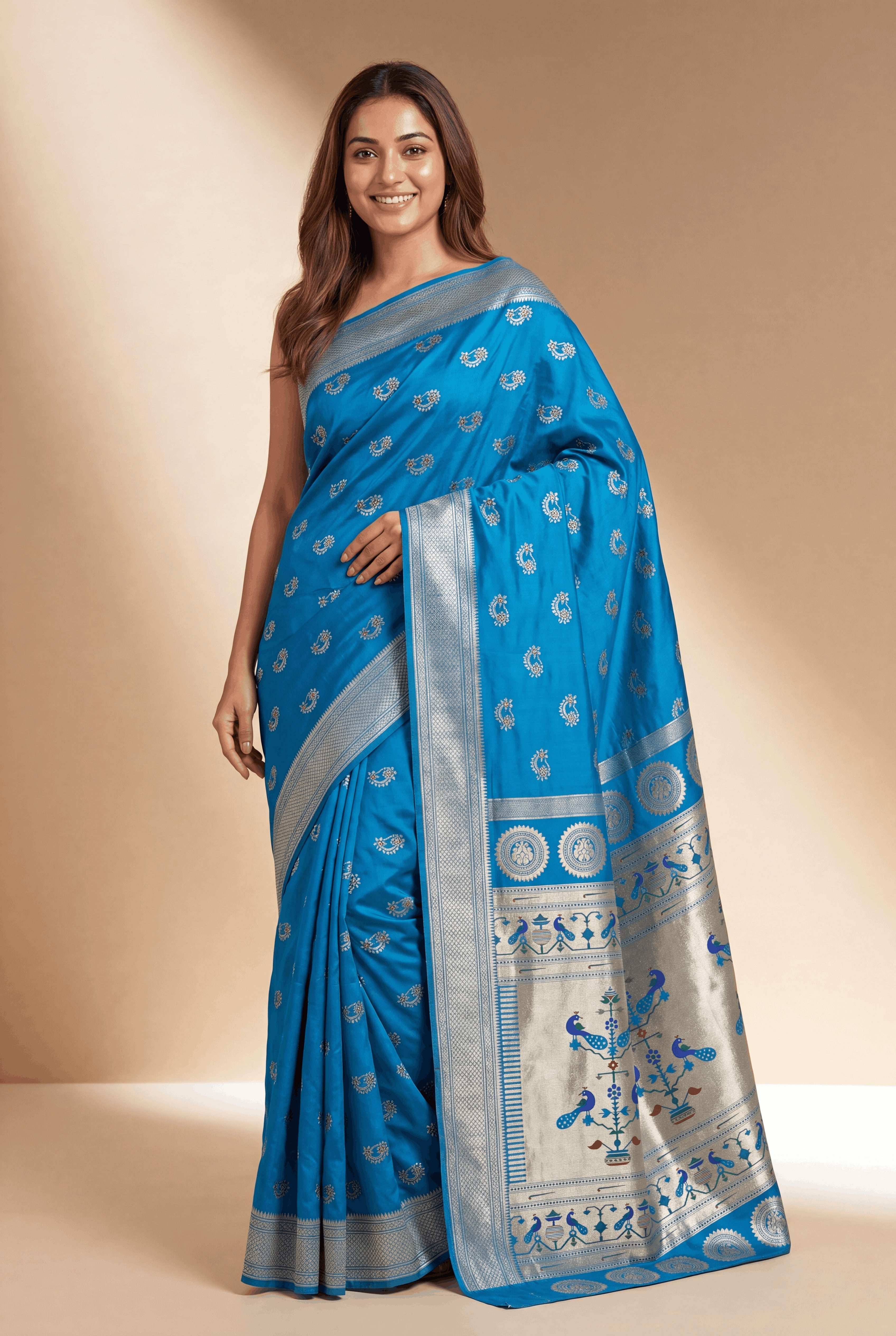 Peacock Blue Apurva Silk Paithani Saree with Nath butti