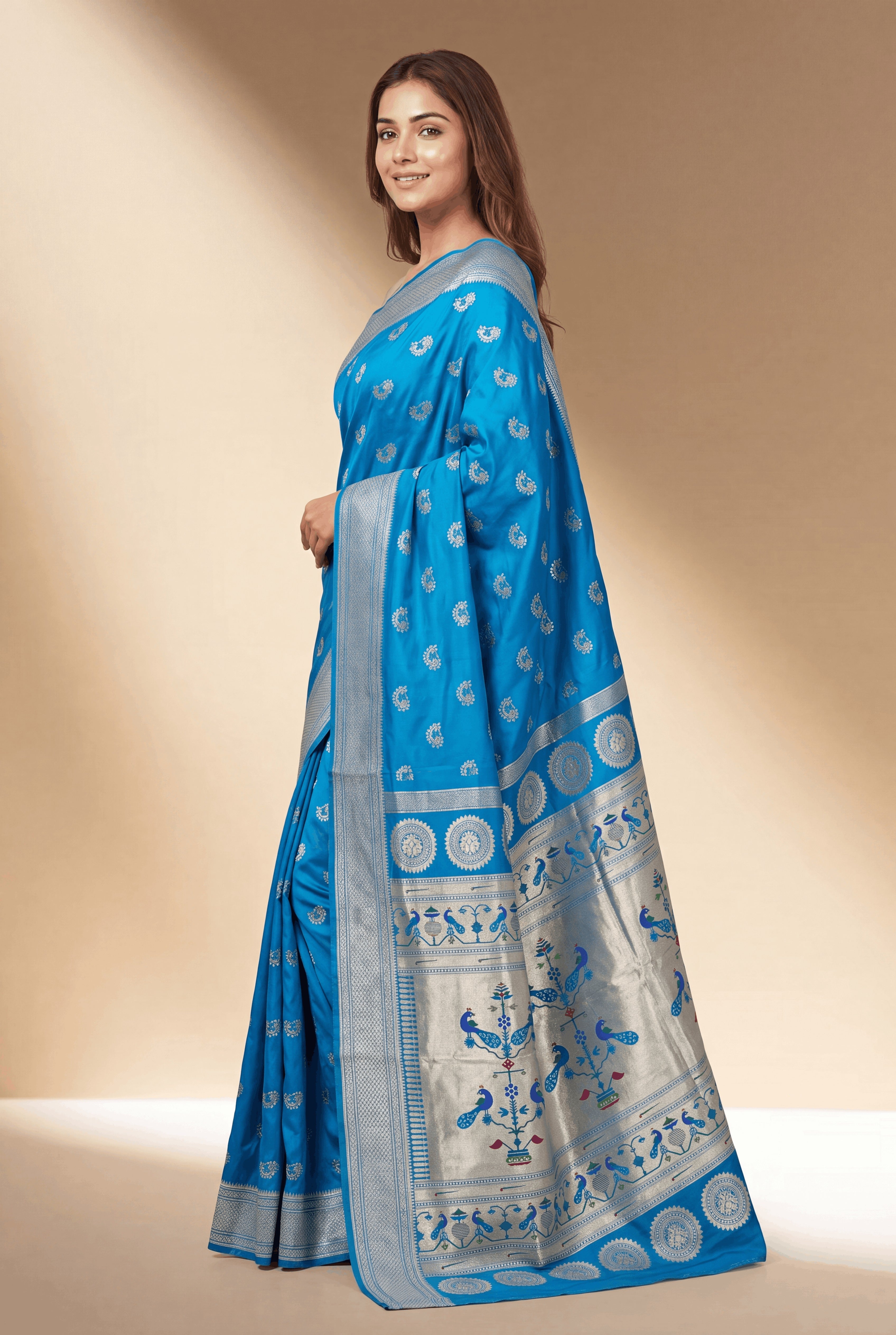 Peacock Blue Apurva Silk Paithani Saree with Nath butti
