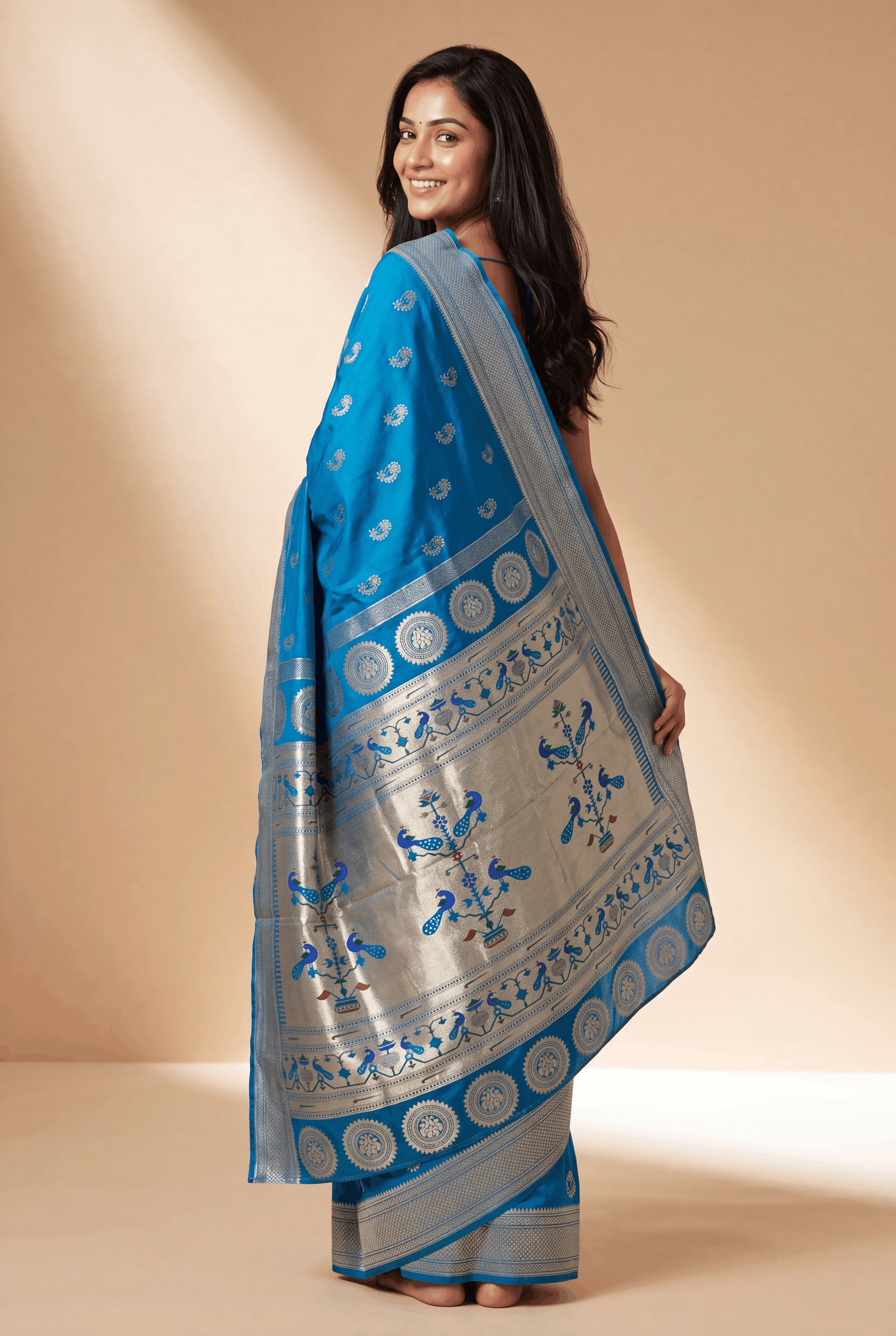 Peacock Blue Apurva Silk Paithani Saree with Nath butti