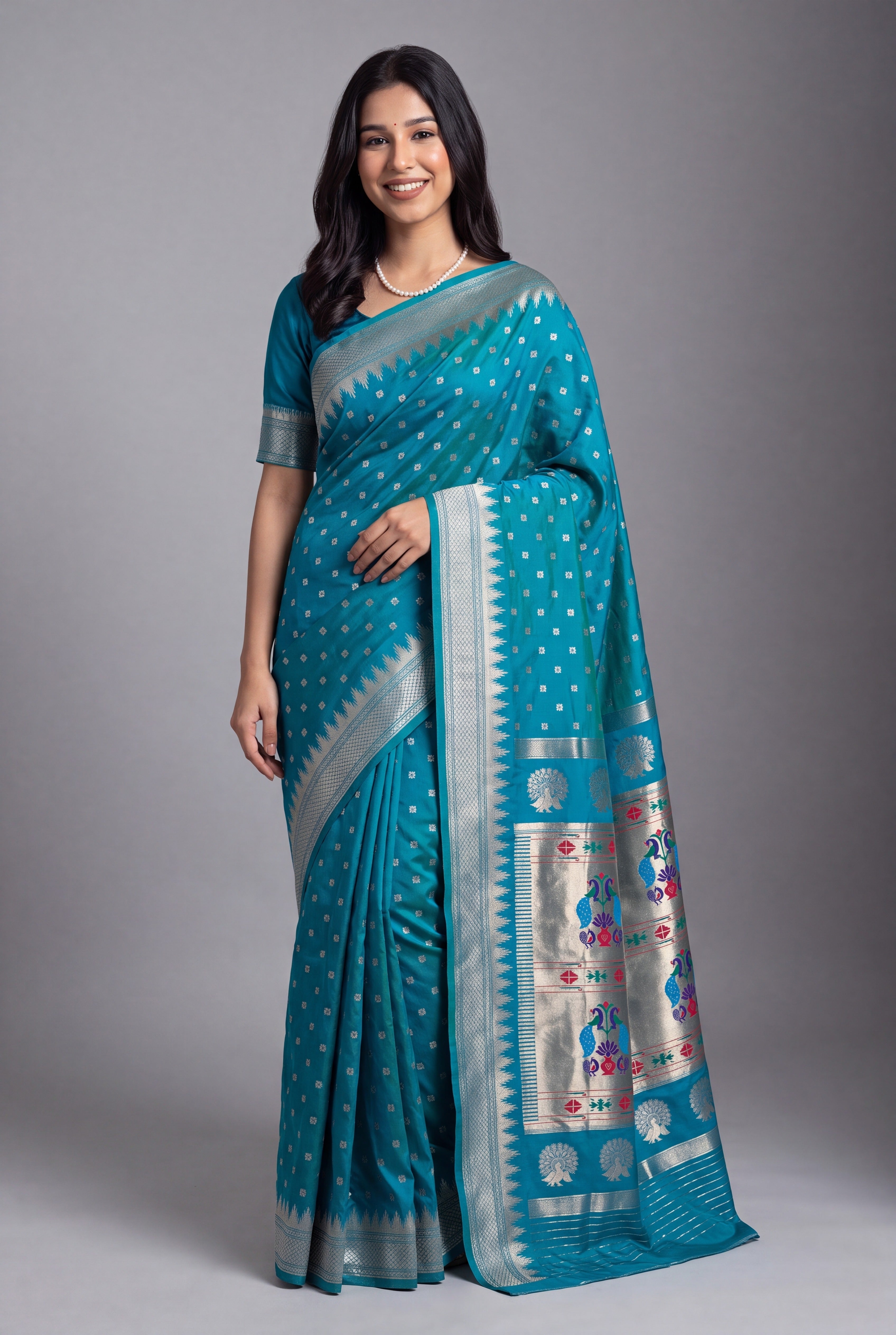 Peacock Blue Katan Silk Paithani Saree with Irkal border