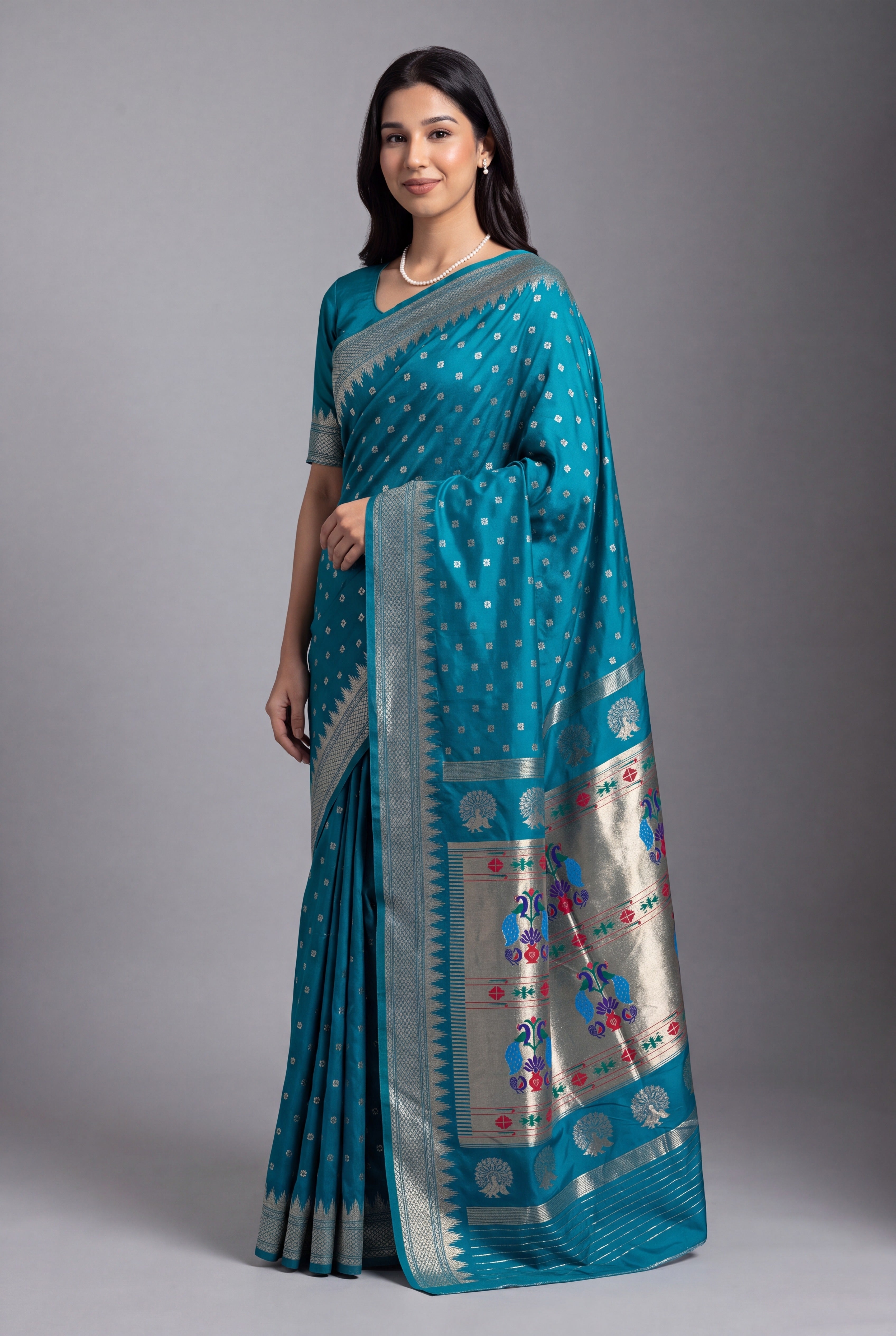 Peacock Blue Katan Silk Paithani Saree with Irkal border