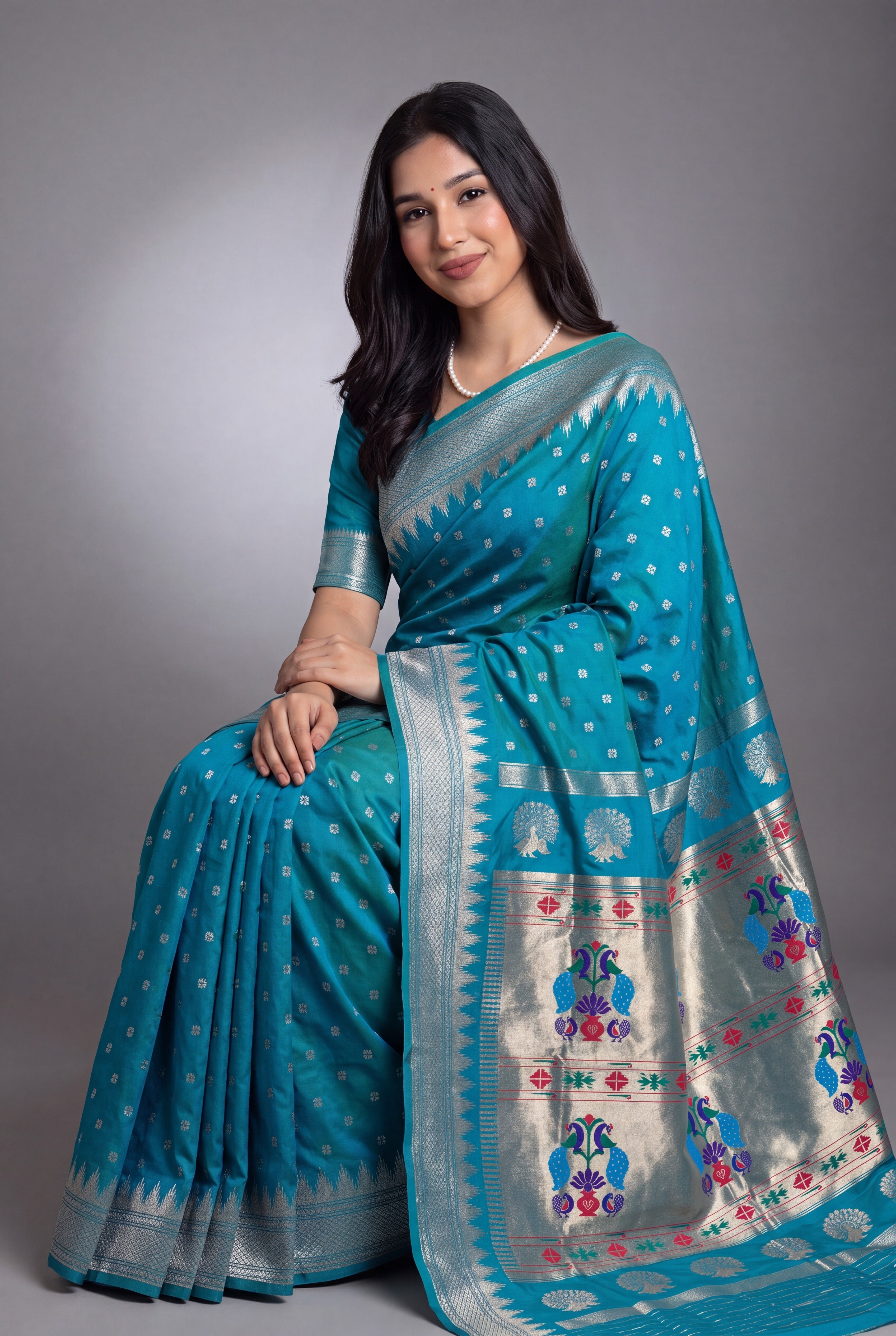 Peacock Blue Katan Silk Paithani Saree with Irkal border