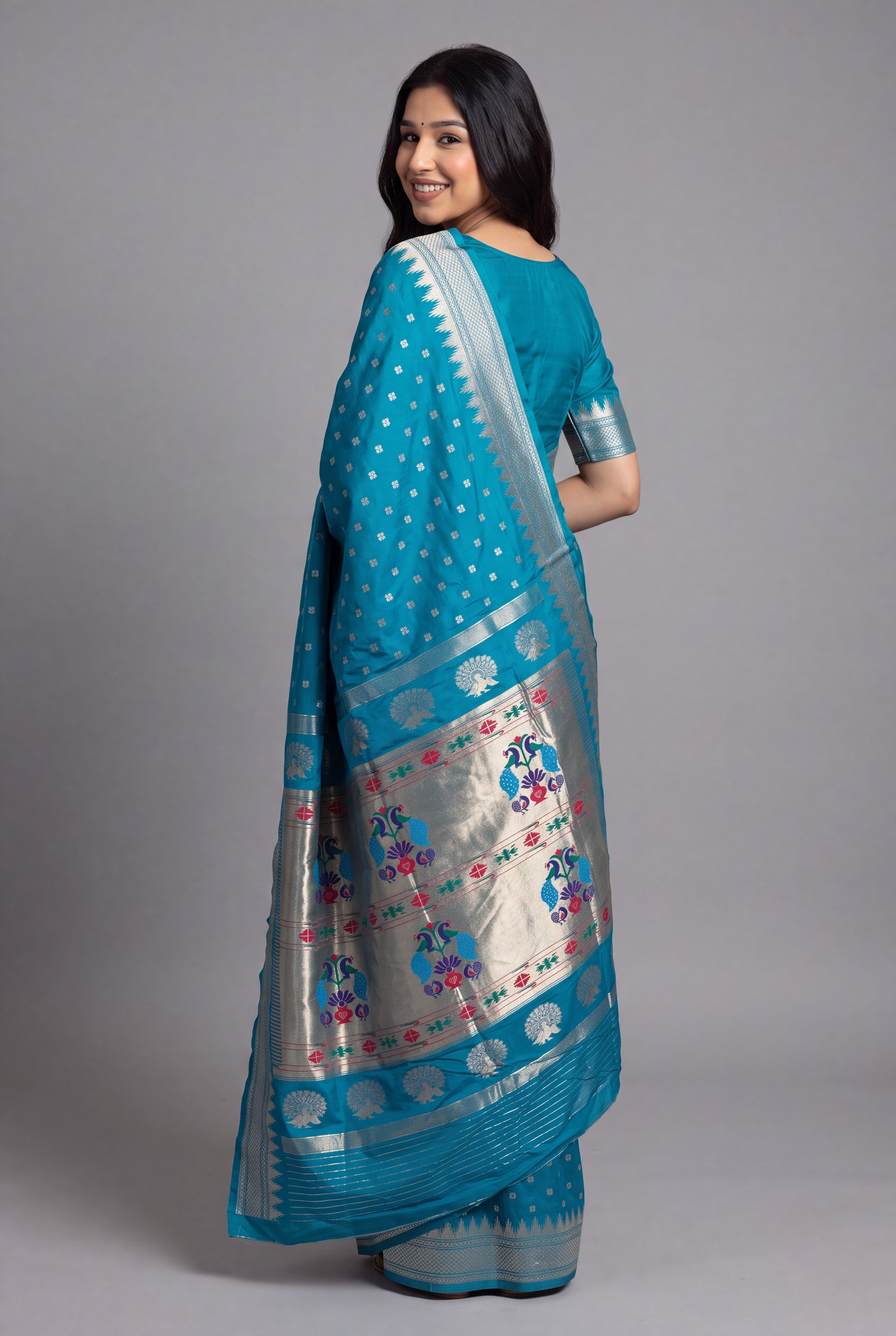 Peacock Blue Katan Silk Paithani Saree with Irkal border
