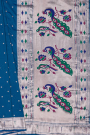 Peacock Blue Katan Silk Paithani Saree with Multicolour Munya border and Śuka-Mayūra Pallu