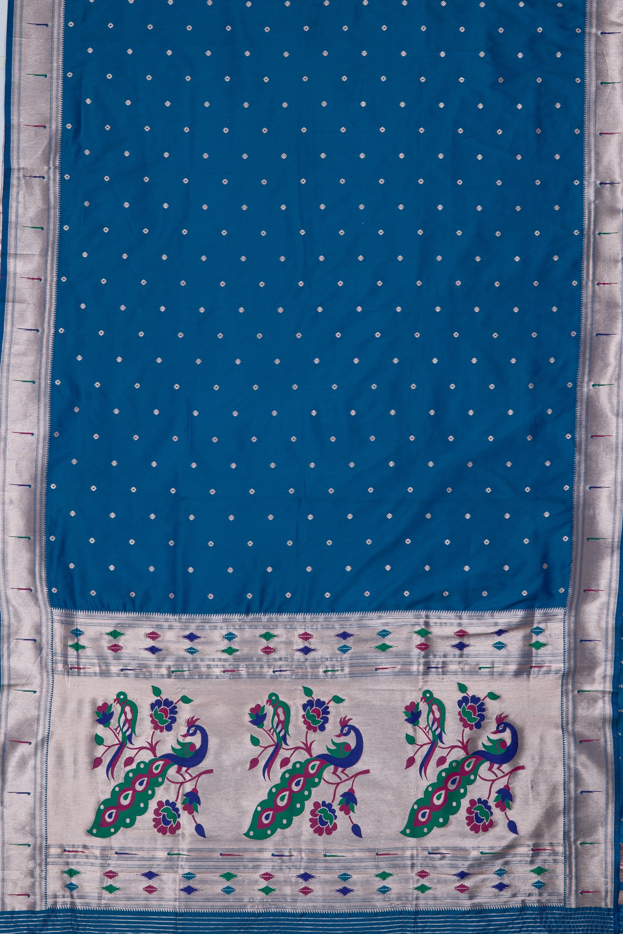 Peacock Blue Katan Silk Paithani Saree with Multicolour Munya border and Śuka-Mayūra Pallu