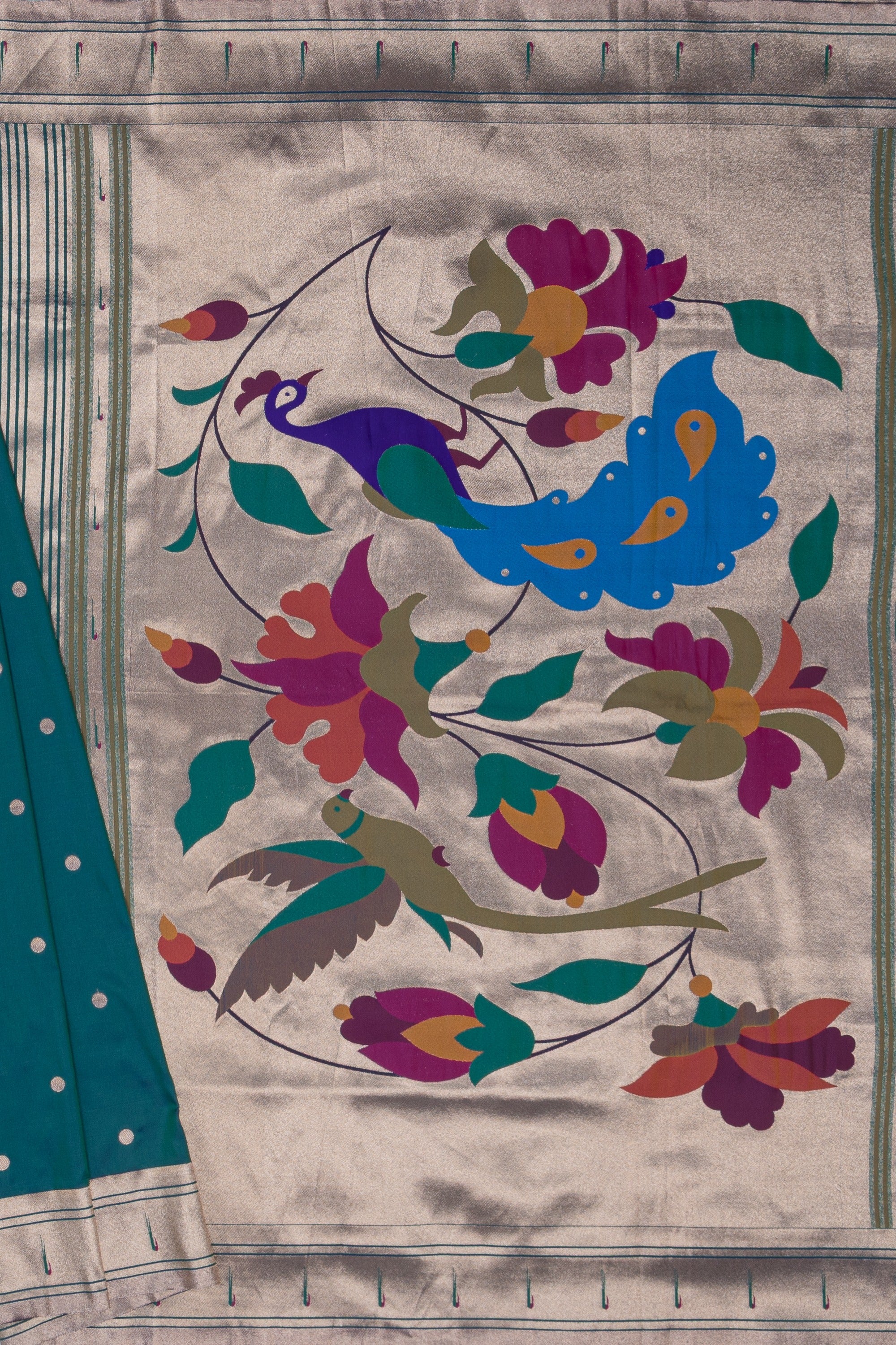 Peacock Blue Katan Silk Paithani Saree with Padma–Śuka–Mayūra Pallu and Zari butti