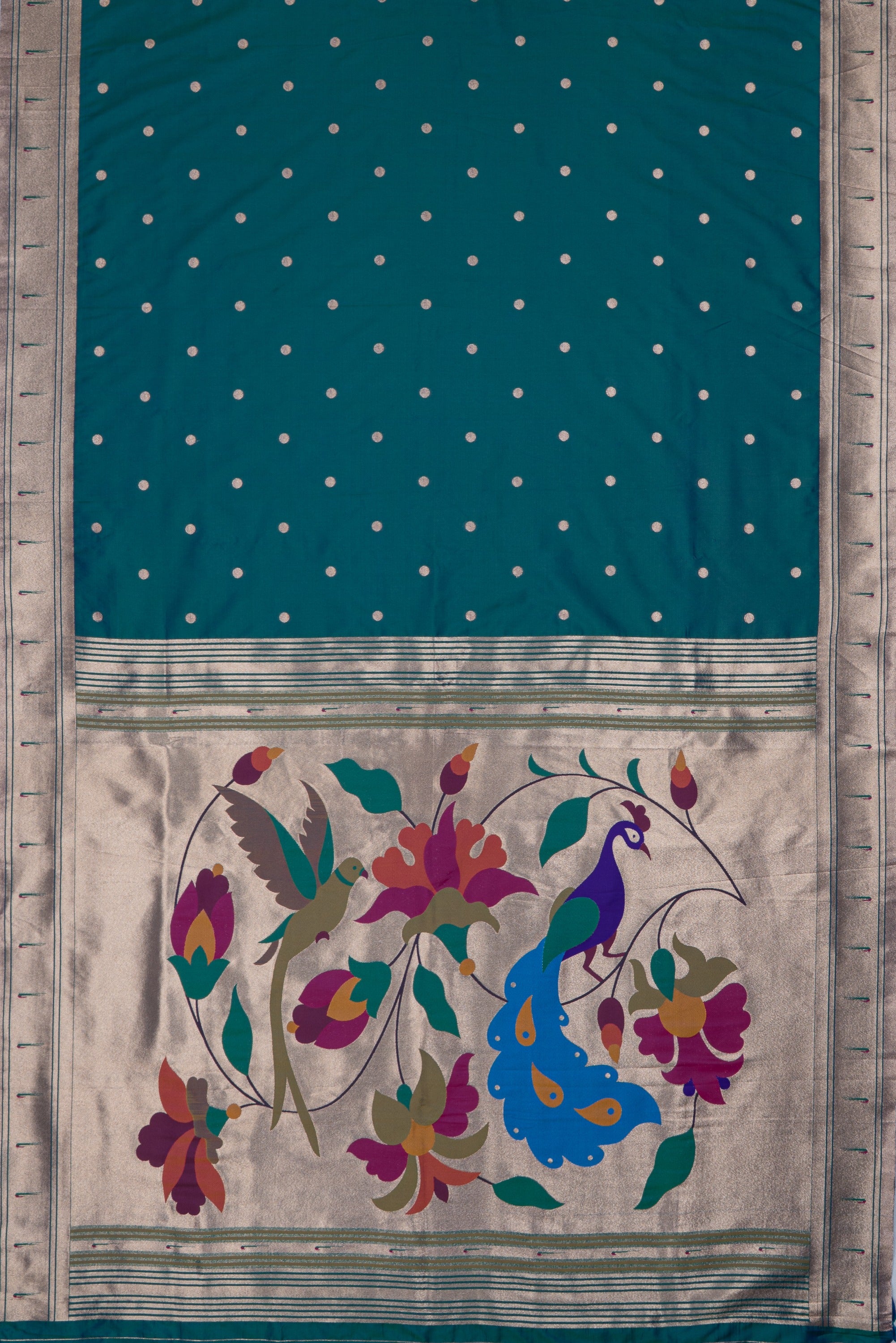 Peacock Blue Katan Silk Paithani Saree with Padma–Śuka–Mayūra Pallu and Zari butti