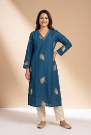 Peacock Blue Kurti with Mor Barha Zari Print