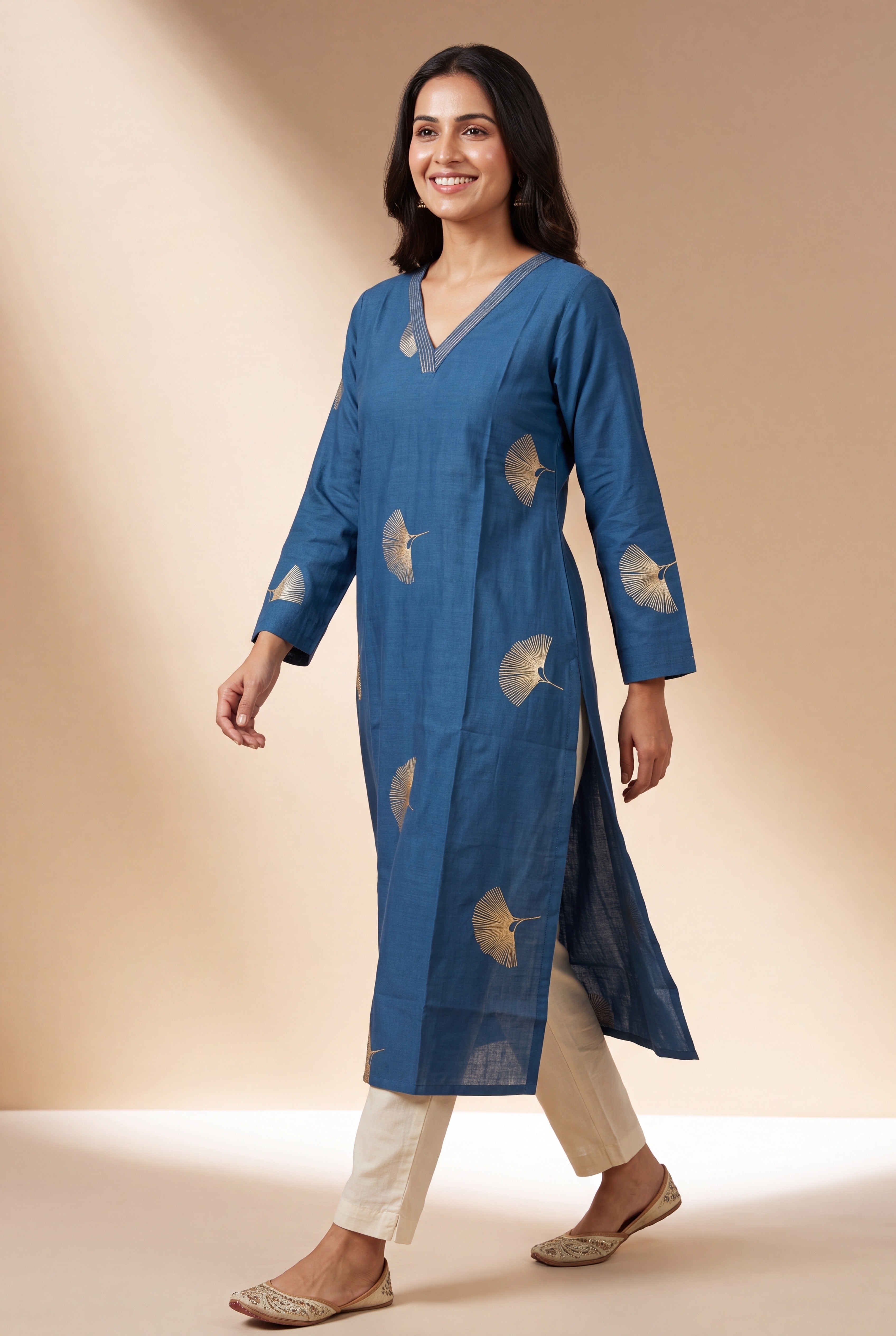 Peacock Blue Kurti with Mor Barha Zari Print