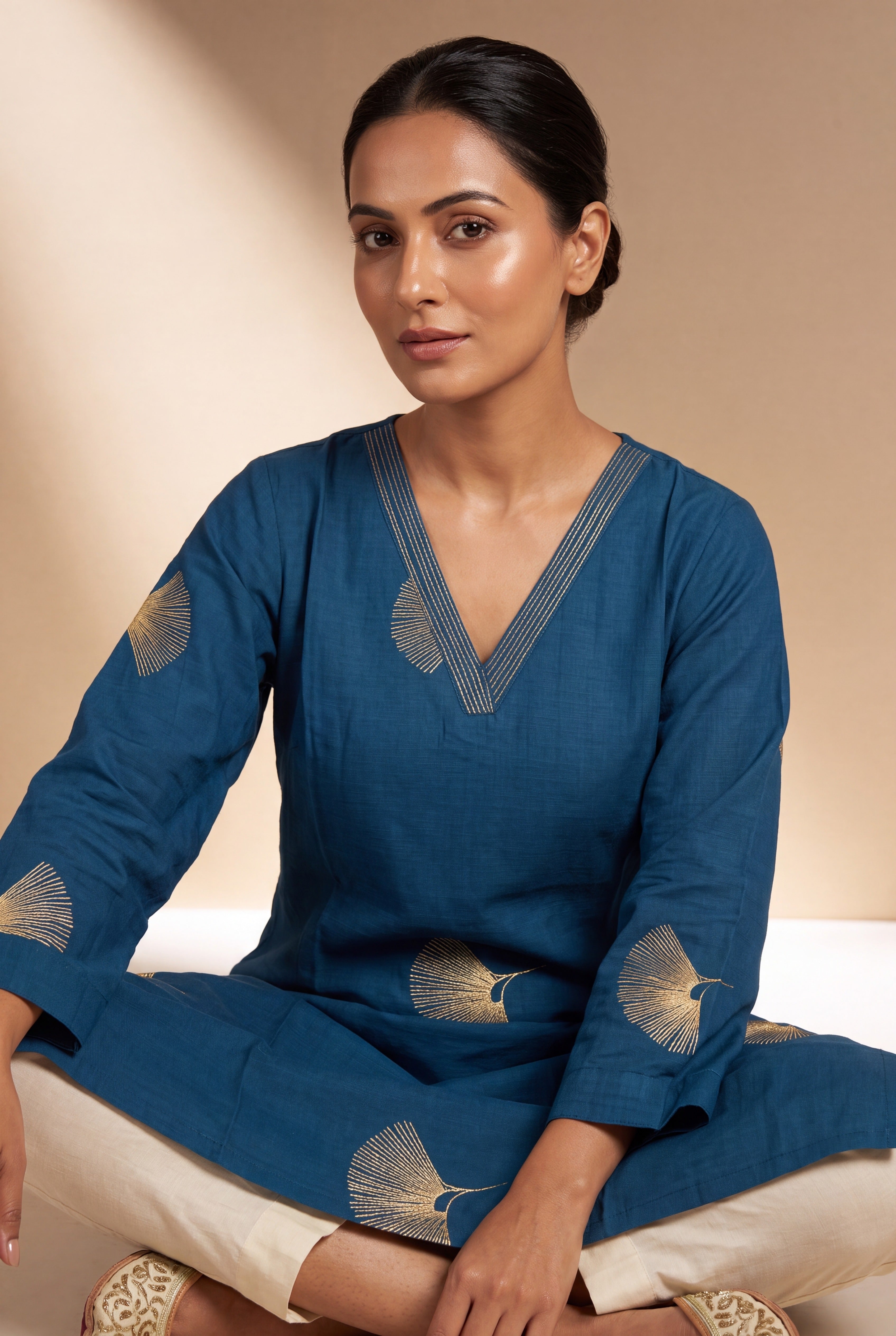 Peacock Blue Kurti with Mor Barha Zari Print