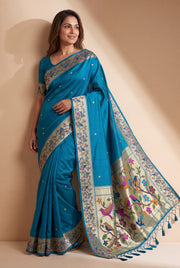 Peacock Blue Tussar Silk Paithani Saree with Vihaṅga Pallu and border