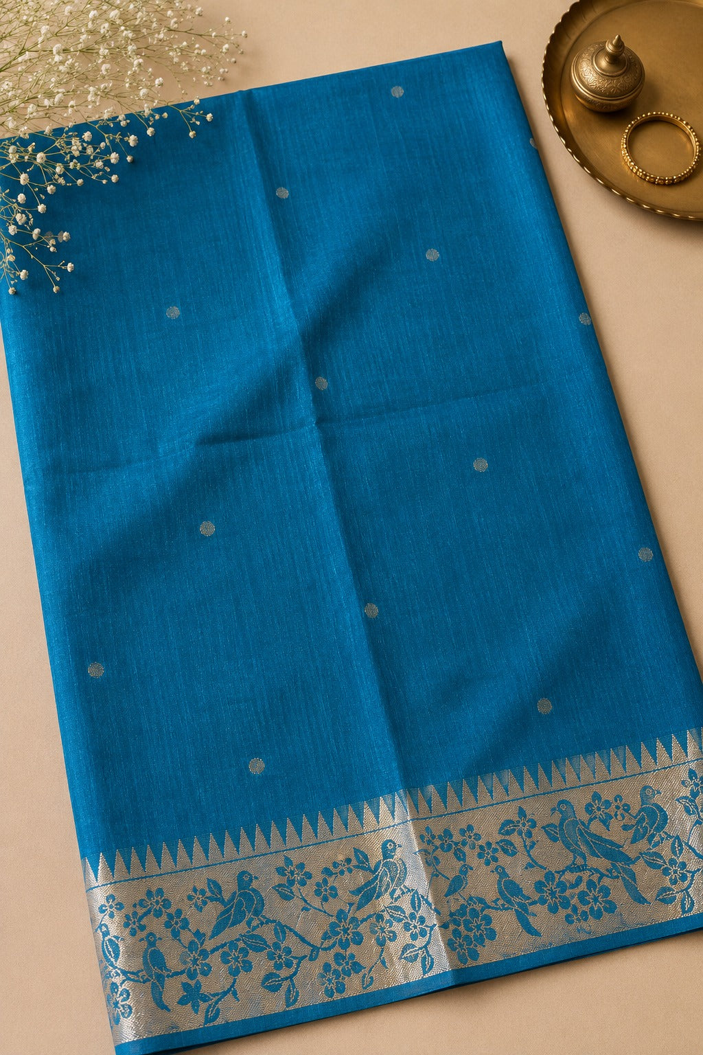 Peacock Blue Tussar Silk Paithani Saree with Vihaṅga Pallu and border