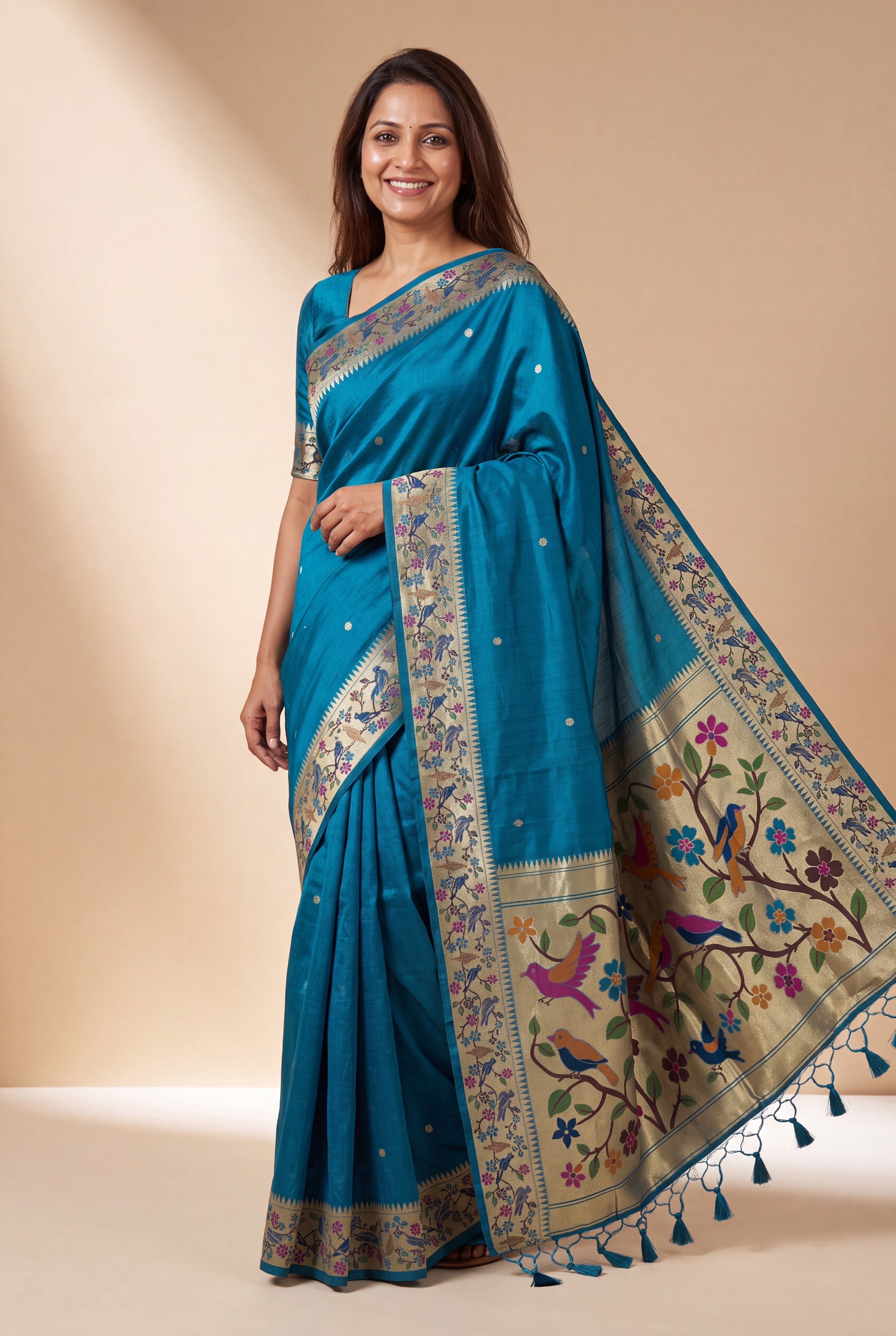 Peacock Blue Tussar Silk Paithani Saree with Vihaṅga Pallu and border