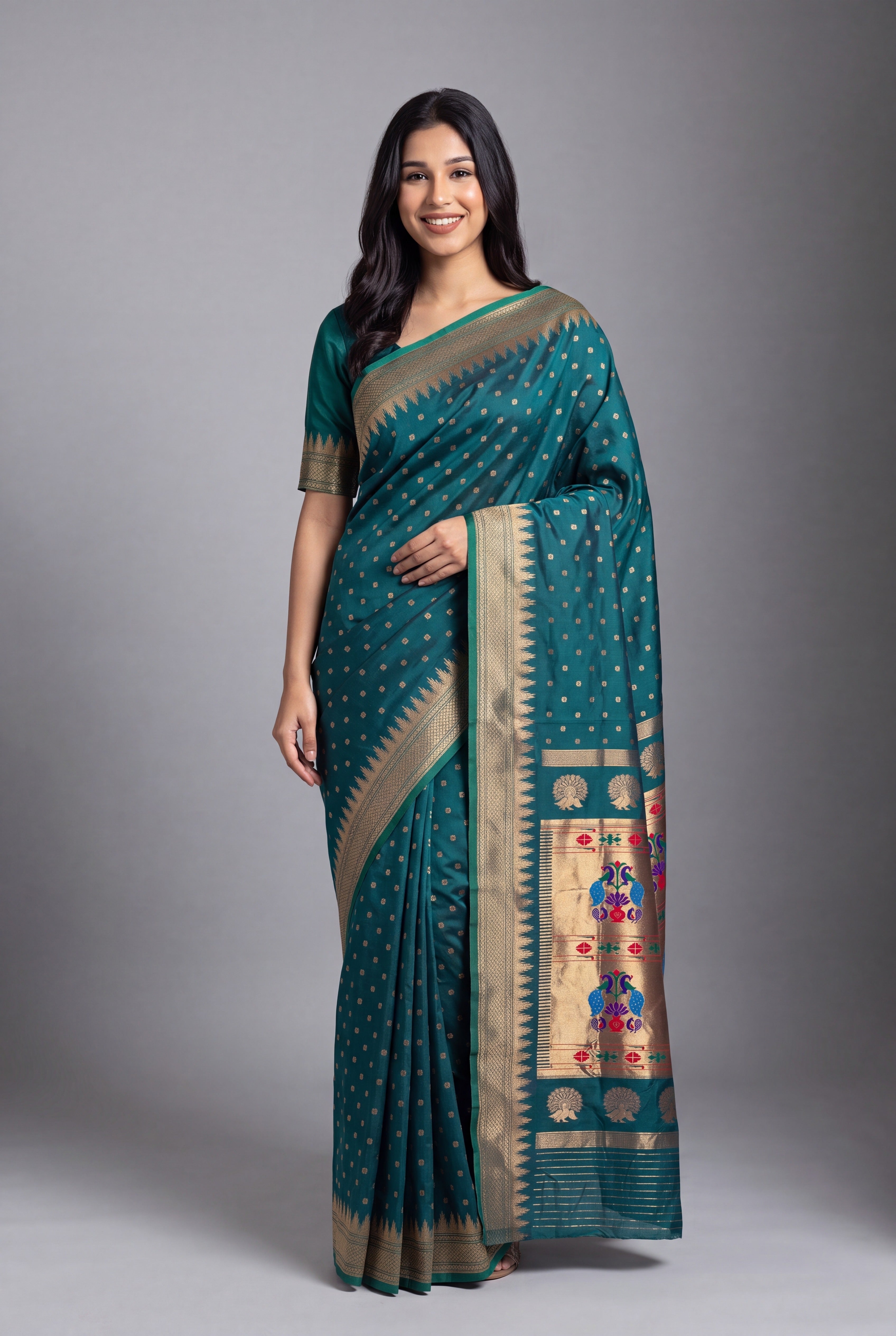 Peacock Green Katan Silk Paithani Saree with Irkal border