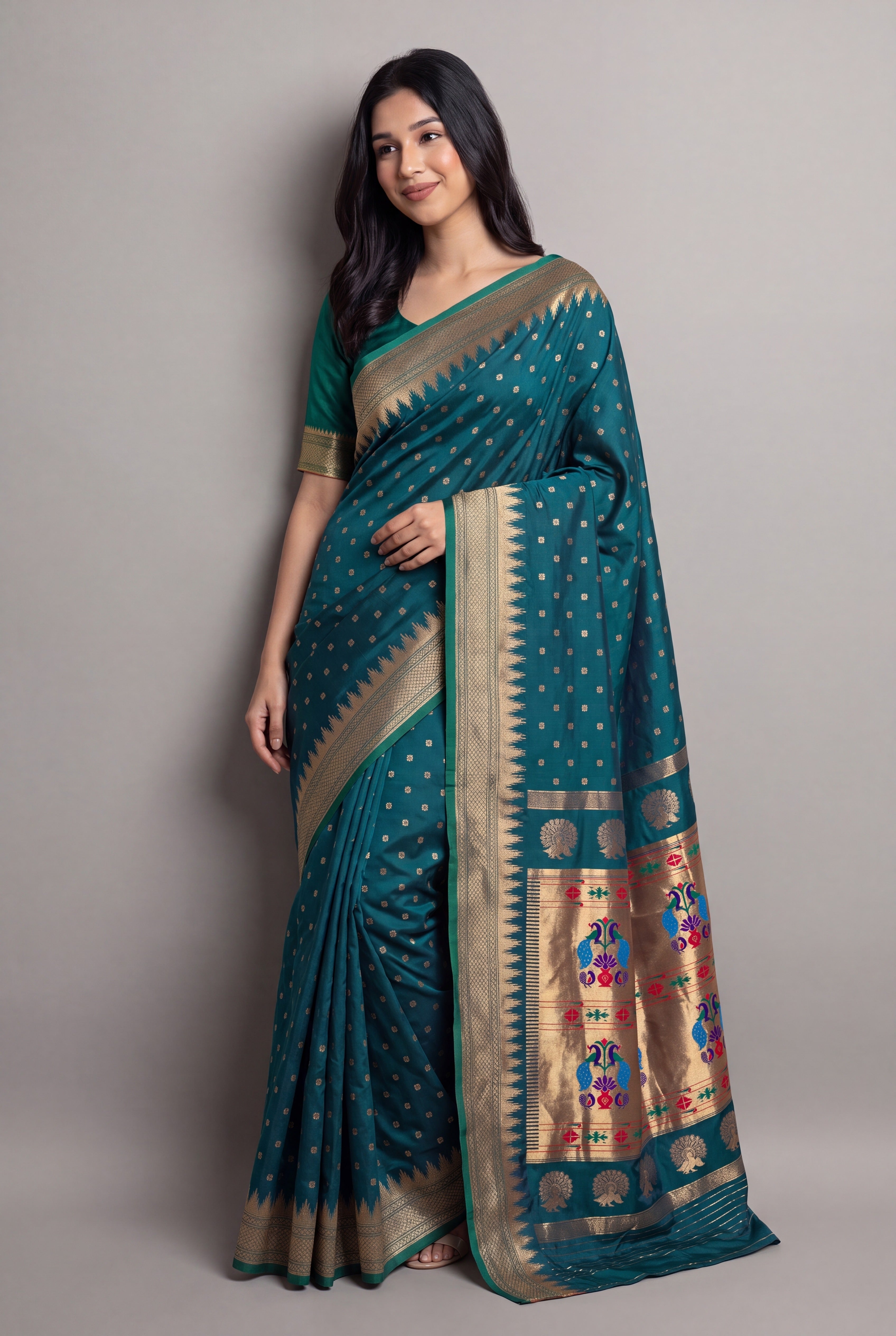 Peacock Green Katan Silk Paithani Saree with Irkal border