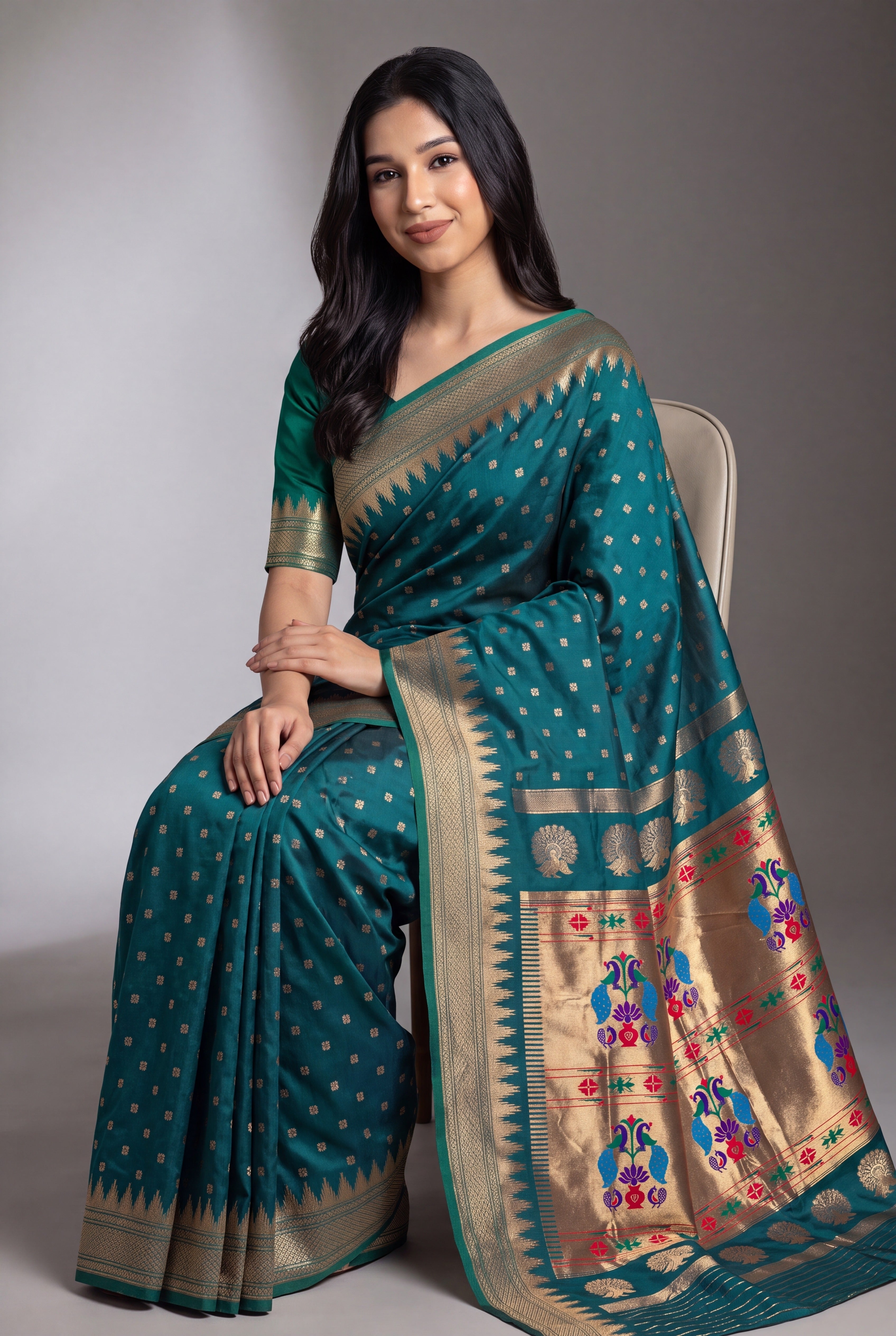 Peacock Green Katan Silk Paithani Saree with Irkal border