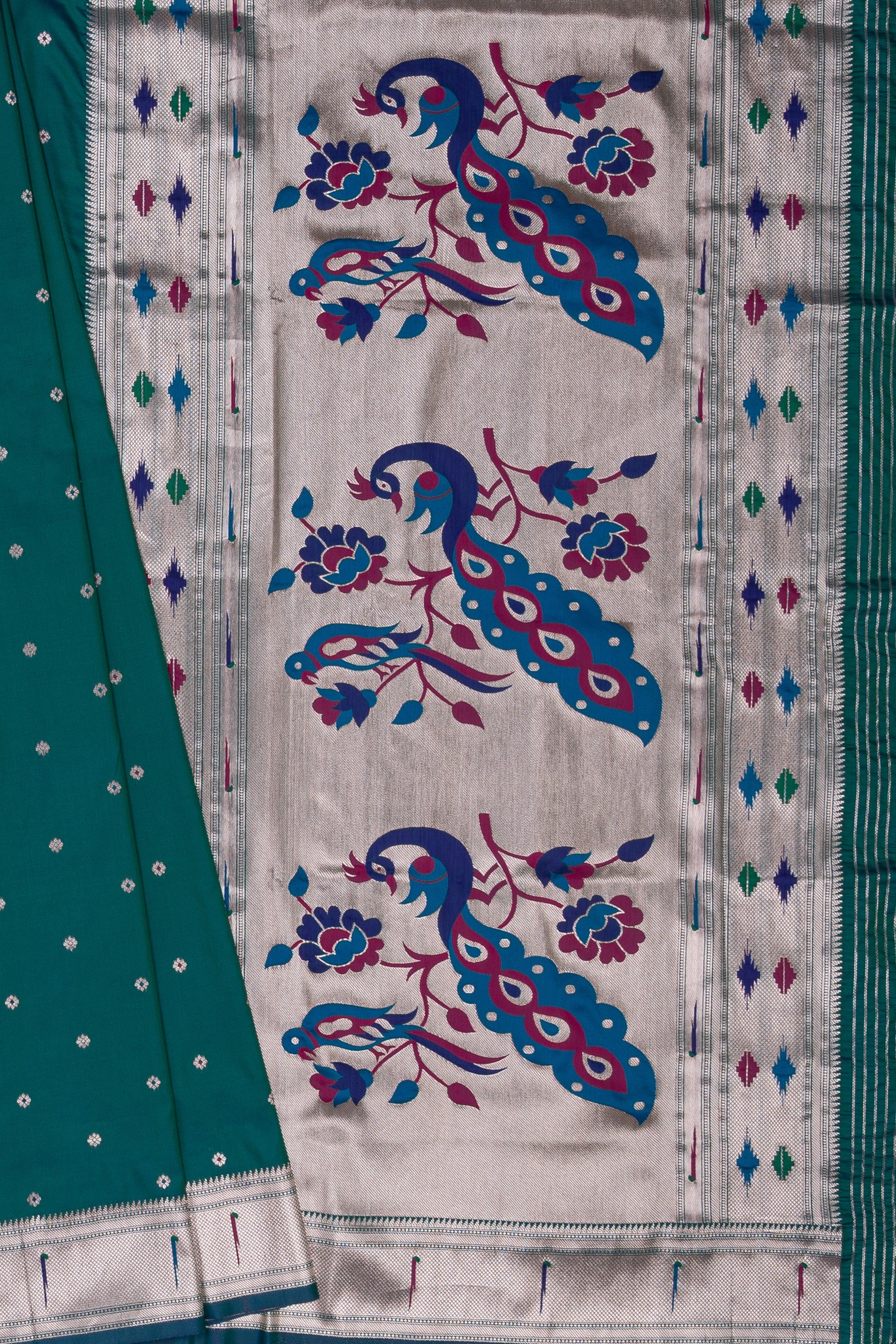 Peacock Green Katan Silk Paithani Saree with Multicolour Munya border and Śuka-Mayūra Pallu