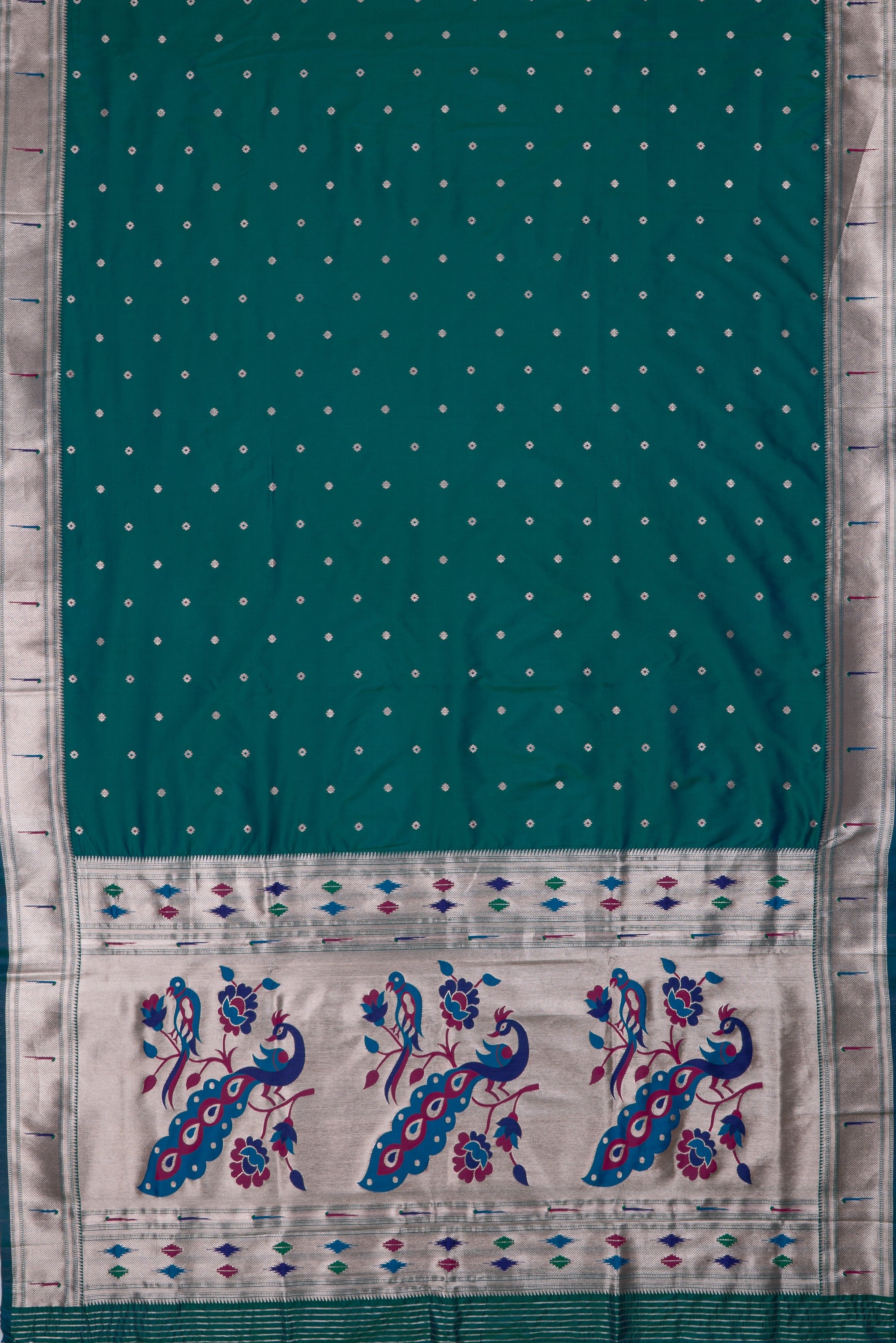Peacock Green Katan Silk Paithani Saree with Multicolour Munya border and Śuka-Mayūra Pallu