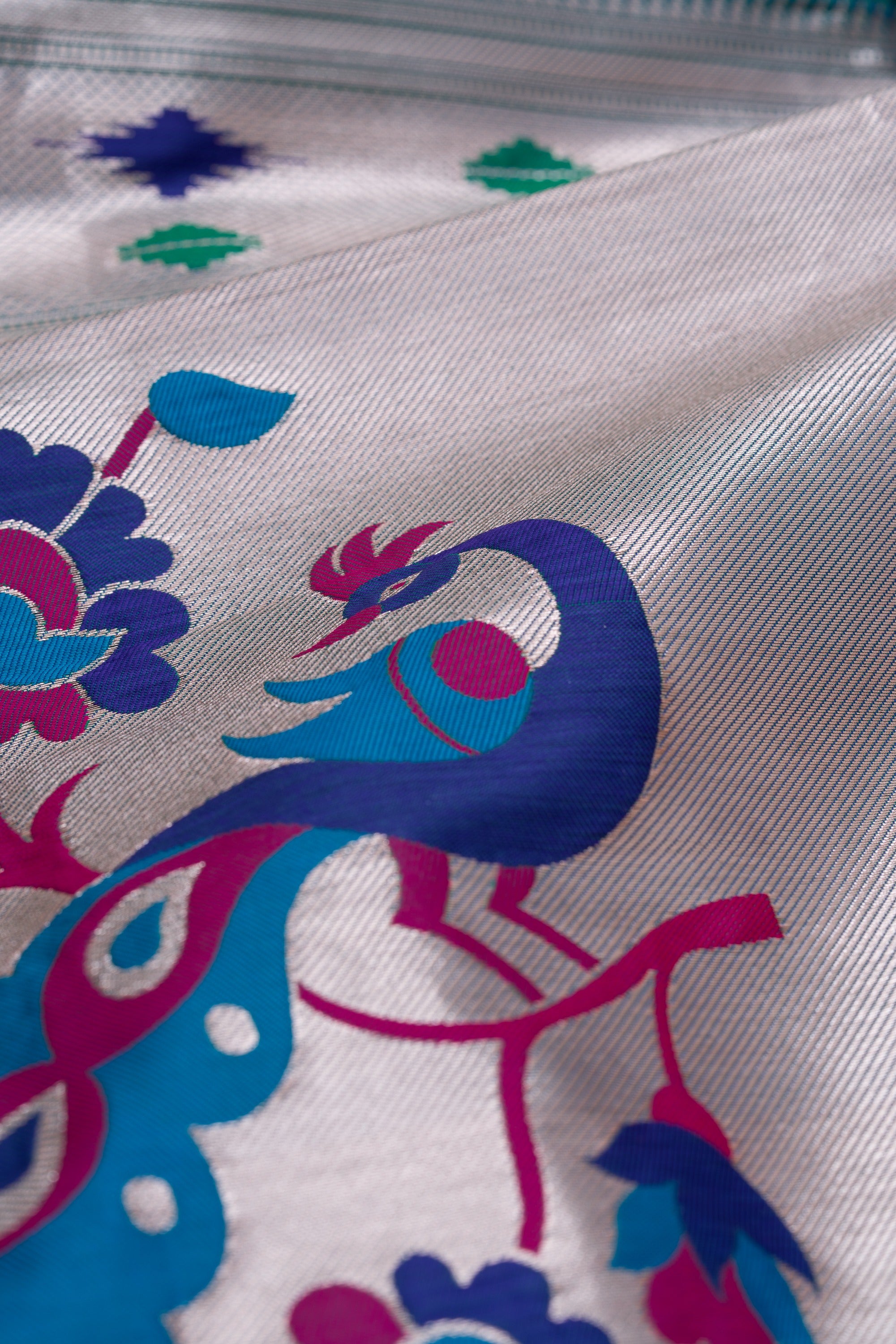 Peacock Green Katan Silk Paithani Saree with Multicolour Munya border and Śuka-Mayūra Pallu