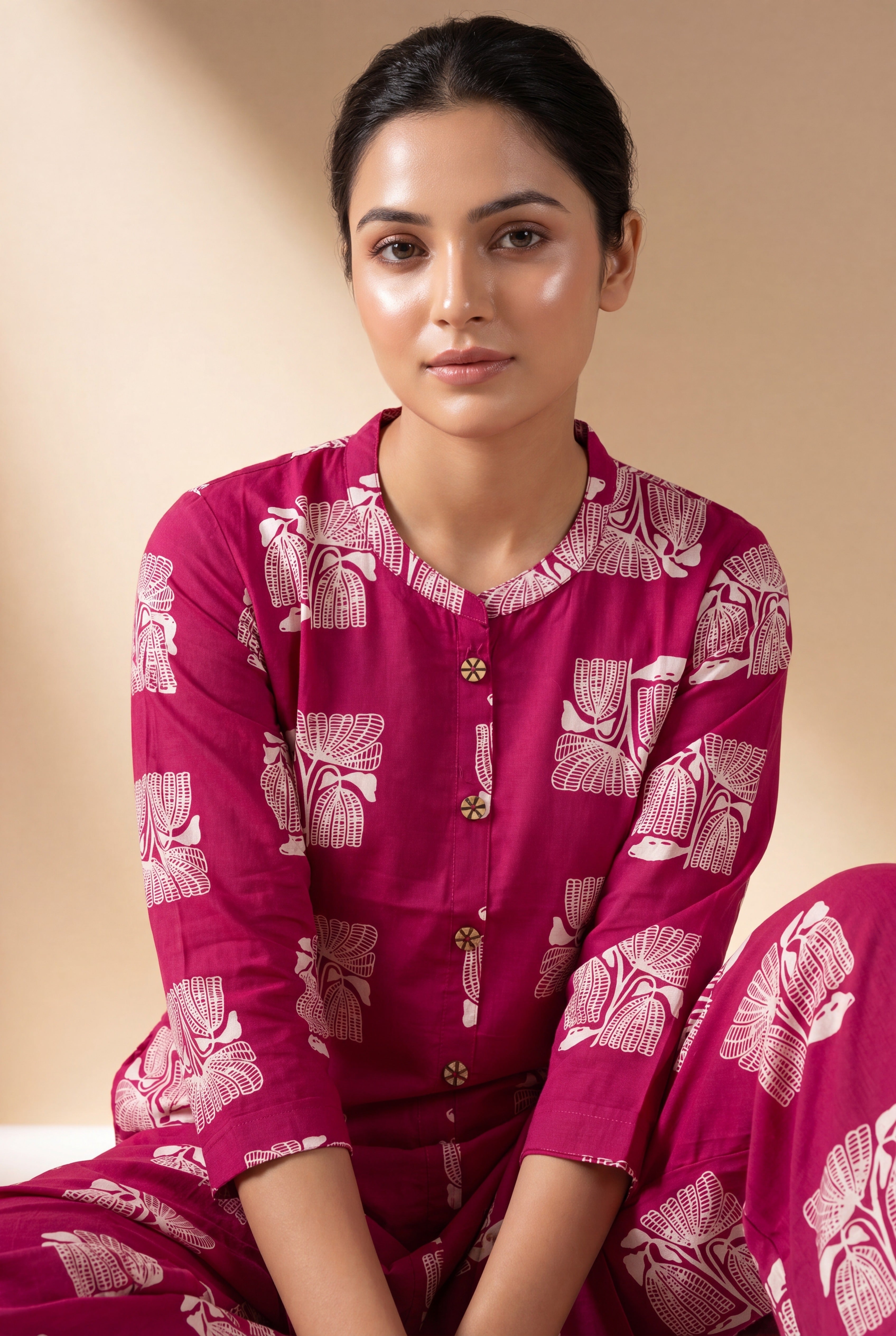 Pink Manjari Cotton Kurti with Botanical Block Print