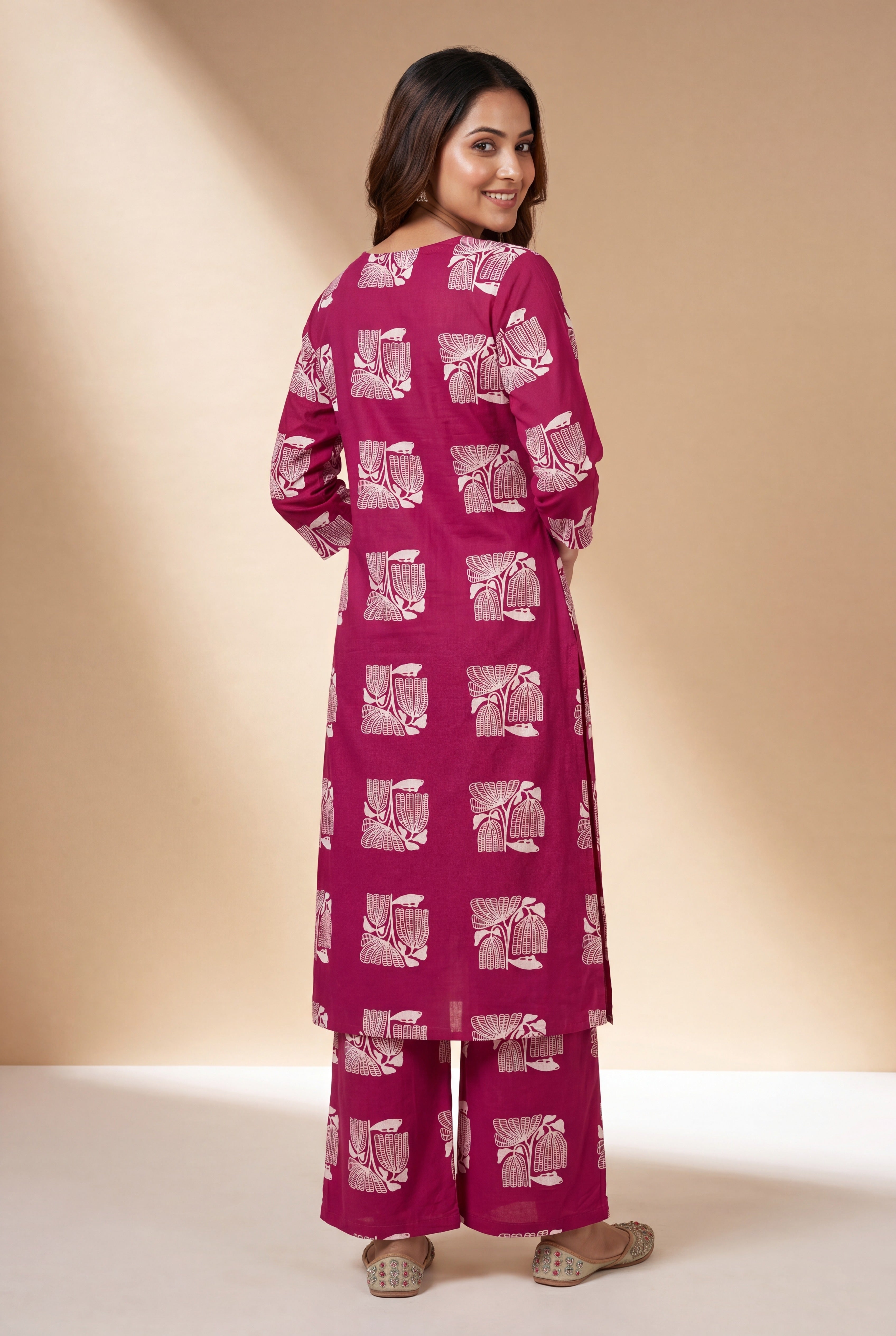 Pink Manjari Cotton Kurti with Botanical Block Print