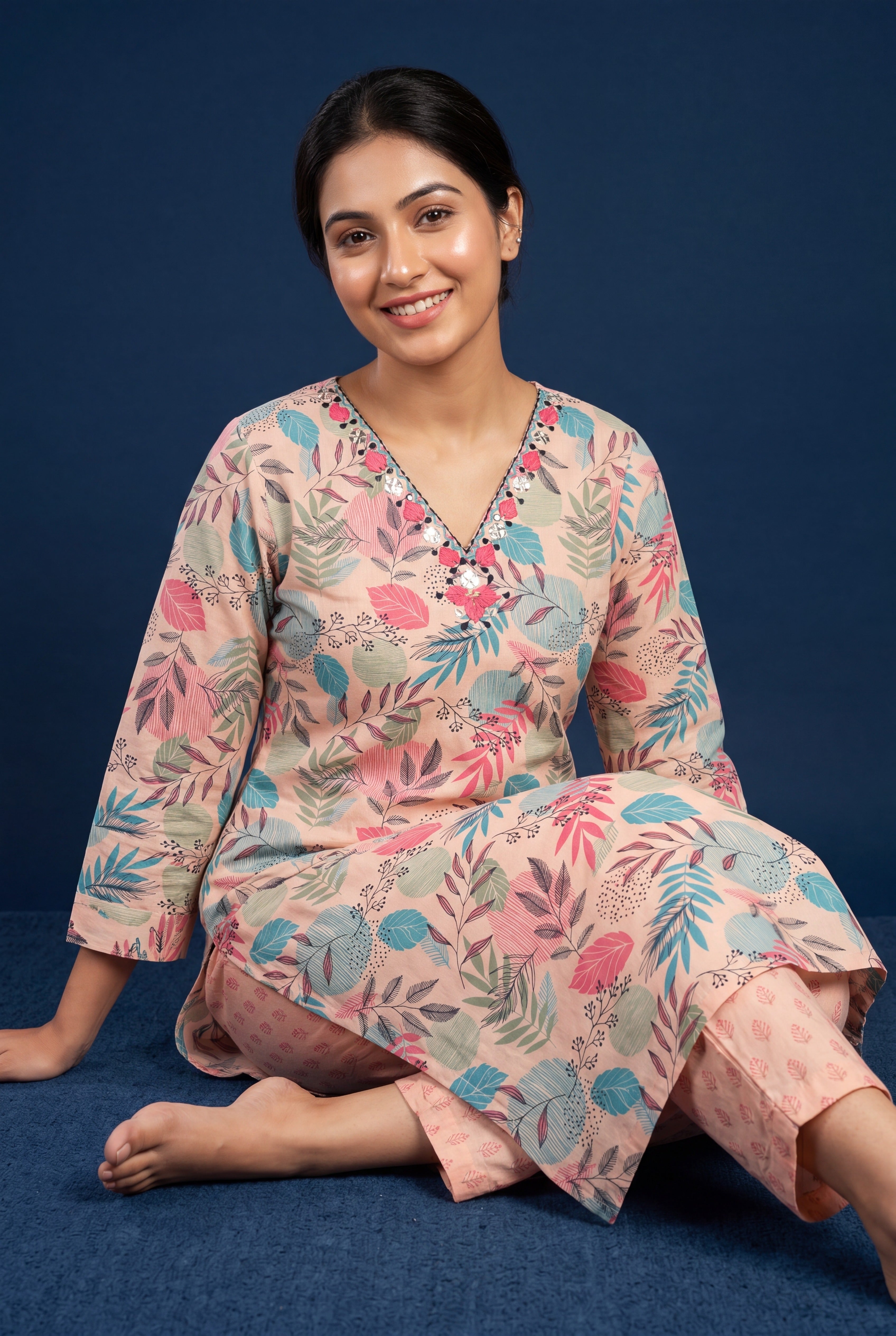 Pink Mridula Cotton Kurti with Botanical Leaf Print