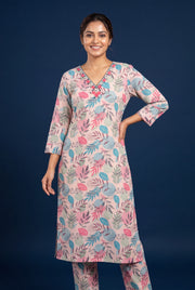 Pink Mridula Cotton Kurti with Botanical Leaf Print