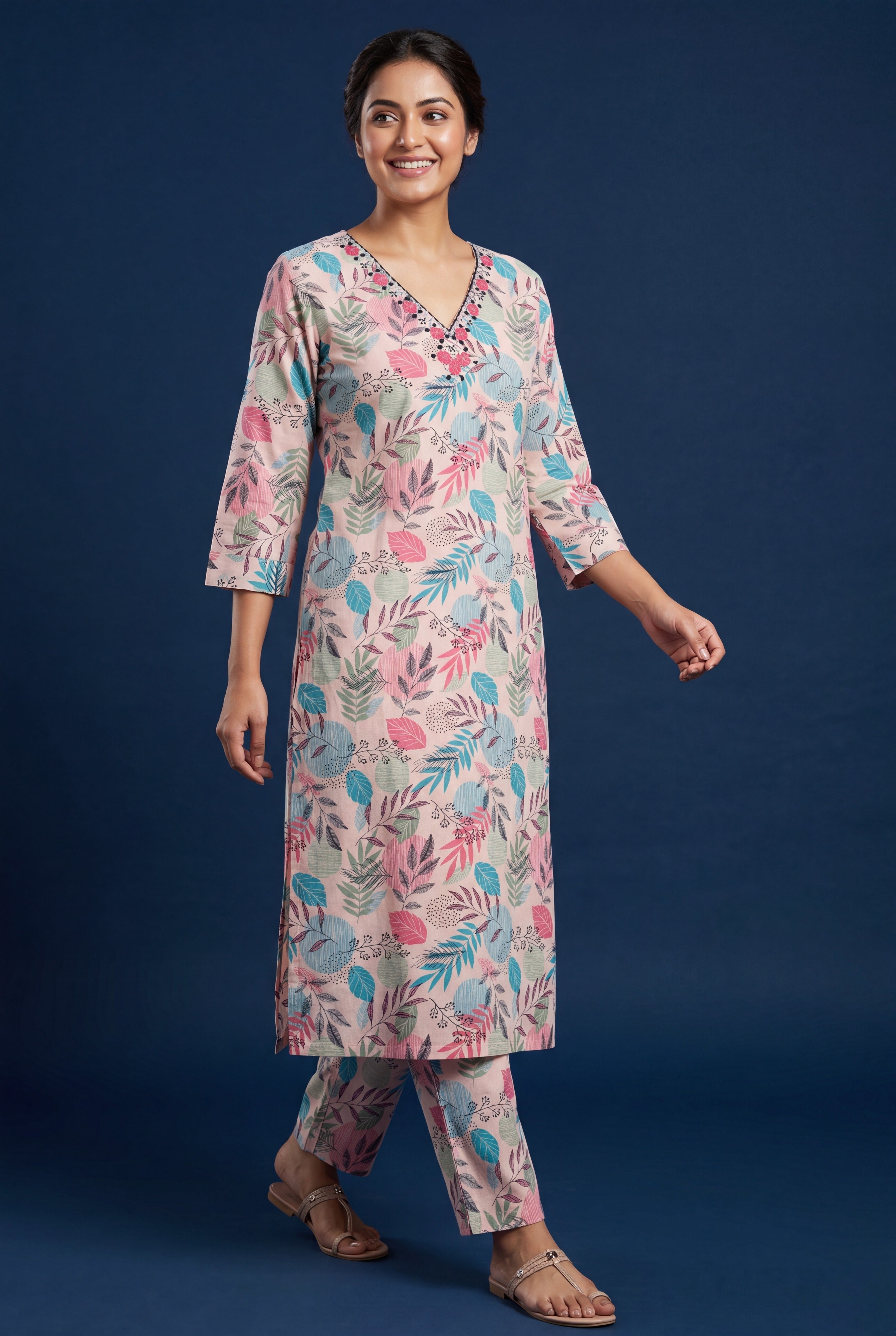 Pink Mridula Cotton Kurti with Botanical Leaf Print