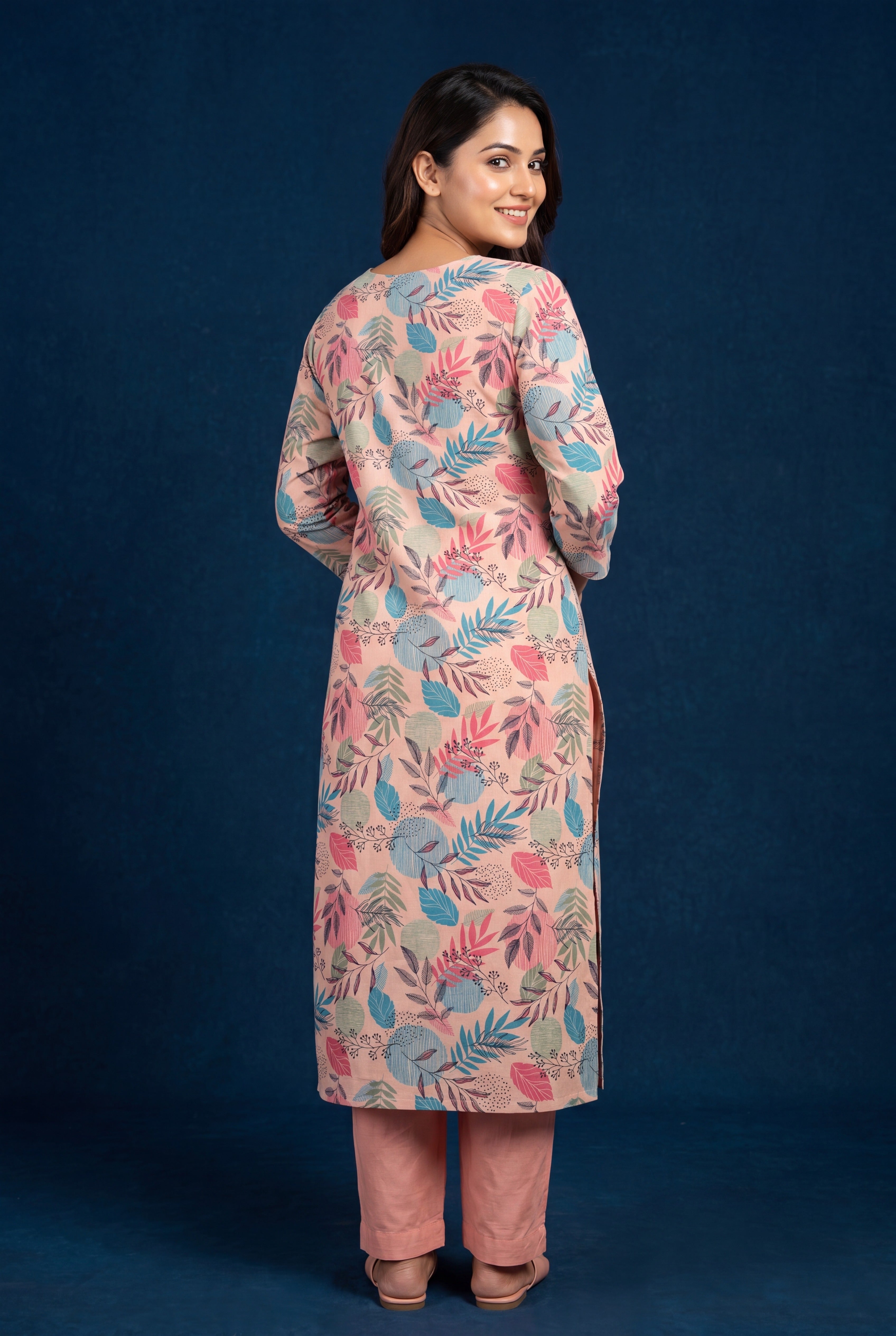 Pink Mridula Cotton Kurti with Botanical Leaf Print