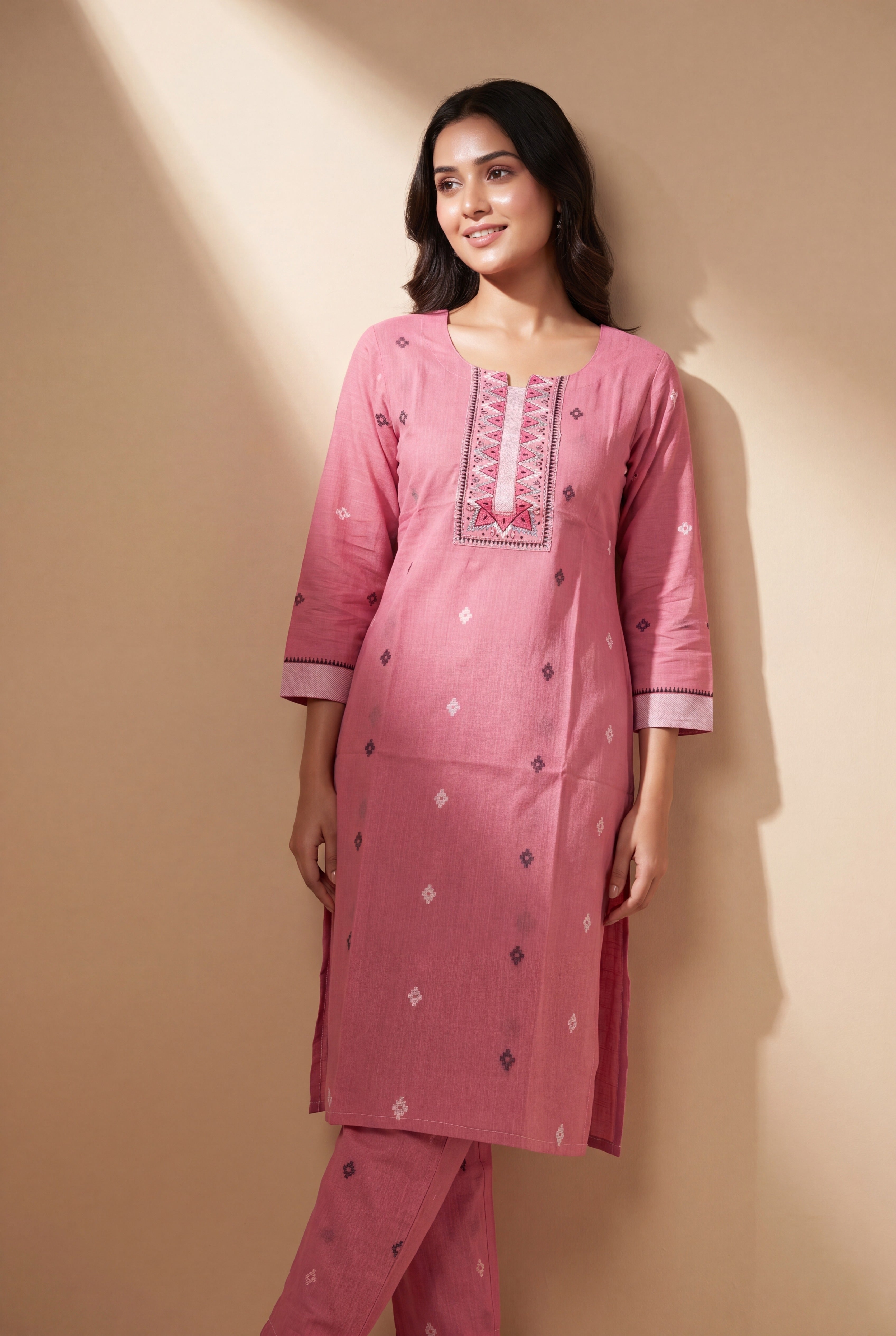 Pink Padmika Cotton Kurti with Printed Motifs