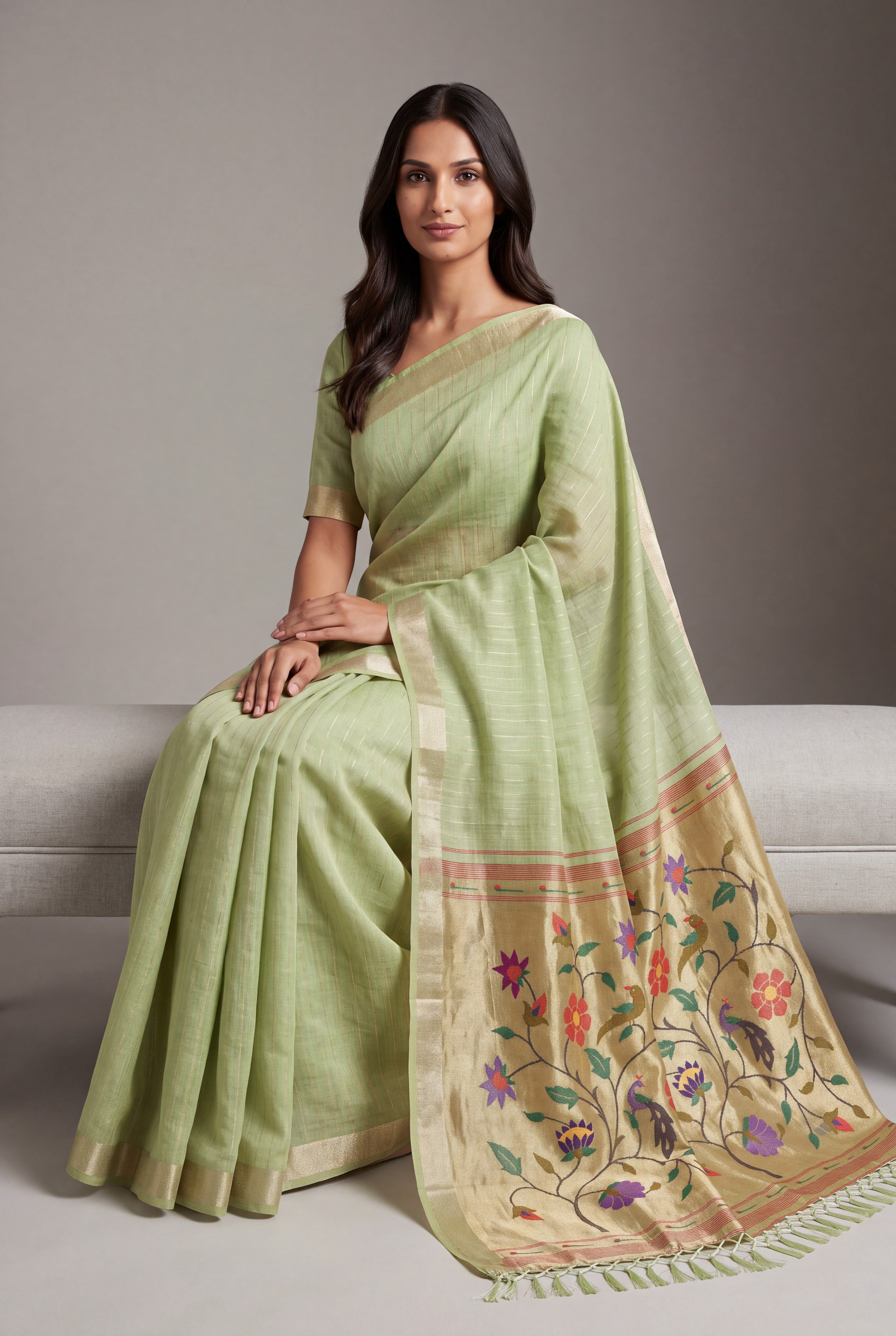 Pista Green Jamdhani Cotton Paithani Saree with Zari Stripes and Puṣpavallī Pallu