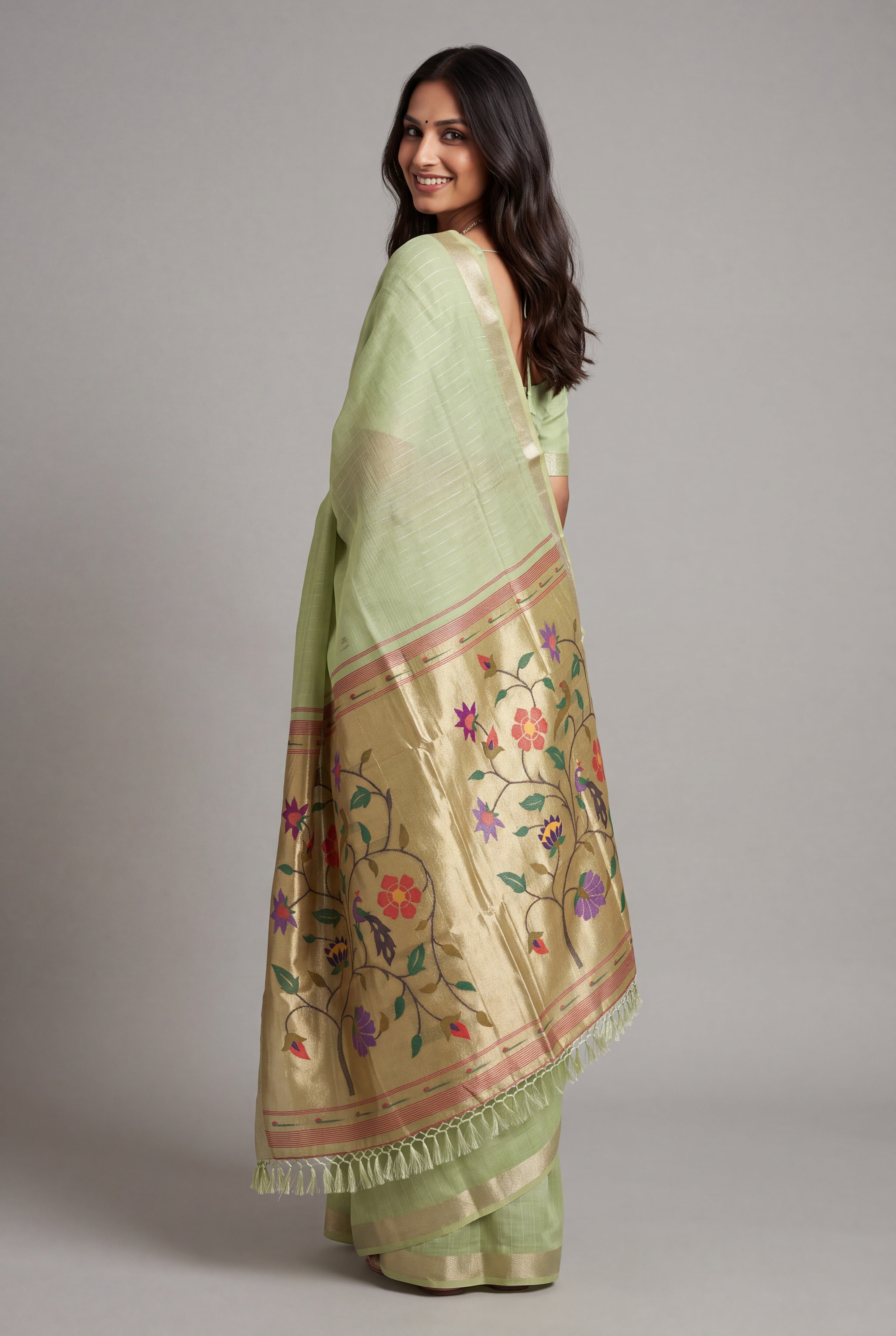Pista Green Jamdhani Cotton Paithani Saree with Zari Stripes and Puṣpavallī Pallu