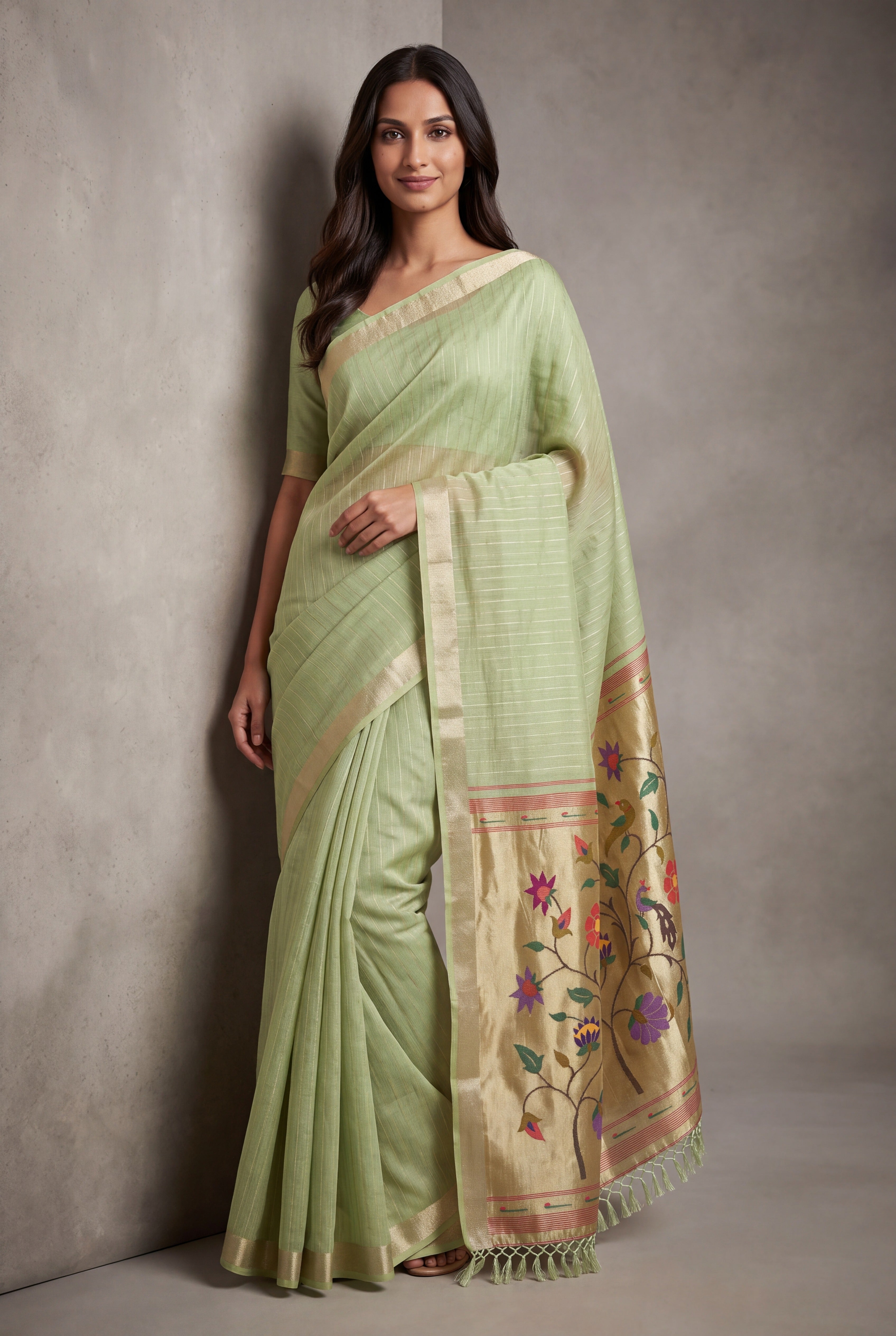 Pista Green Jamdhani Cotton Paithani Saree with Zari Stripes and Puṣpavallī Pallu