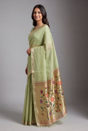 Pista Green Jamdhani Cotton Paithani Saree with Zari Stripes and Puṣpavallī Pallu