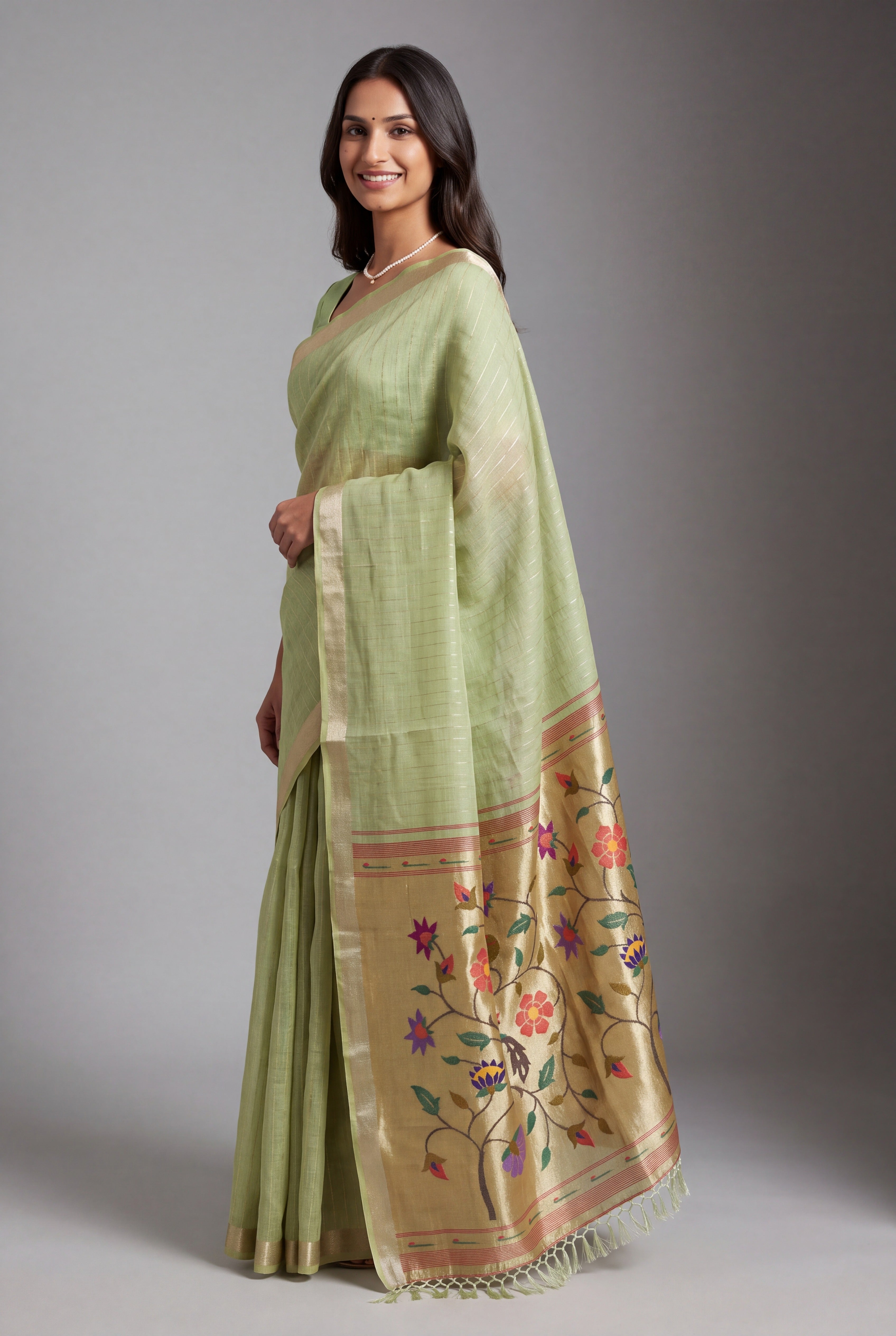Pista Green Jamdhani Cotton Paithani Saree with Zari Stripes and Puṣpavallī Pallu