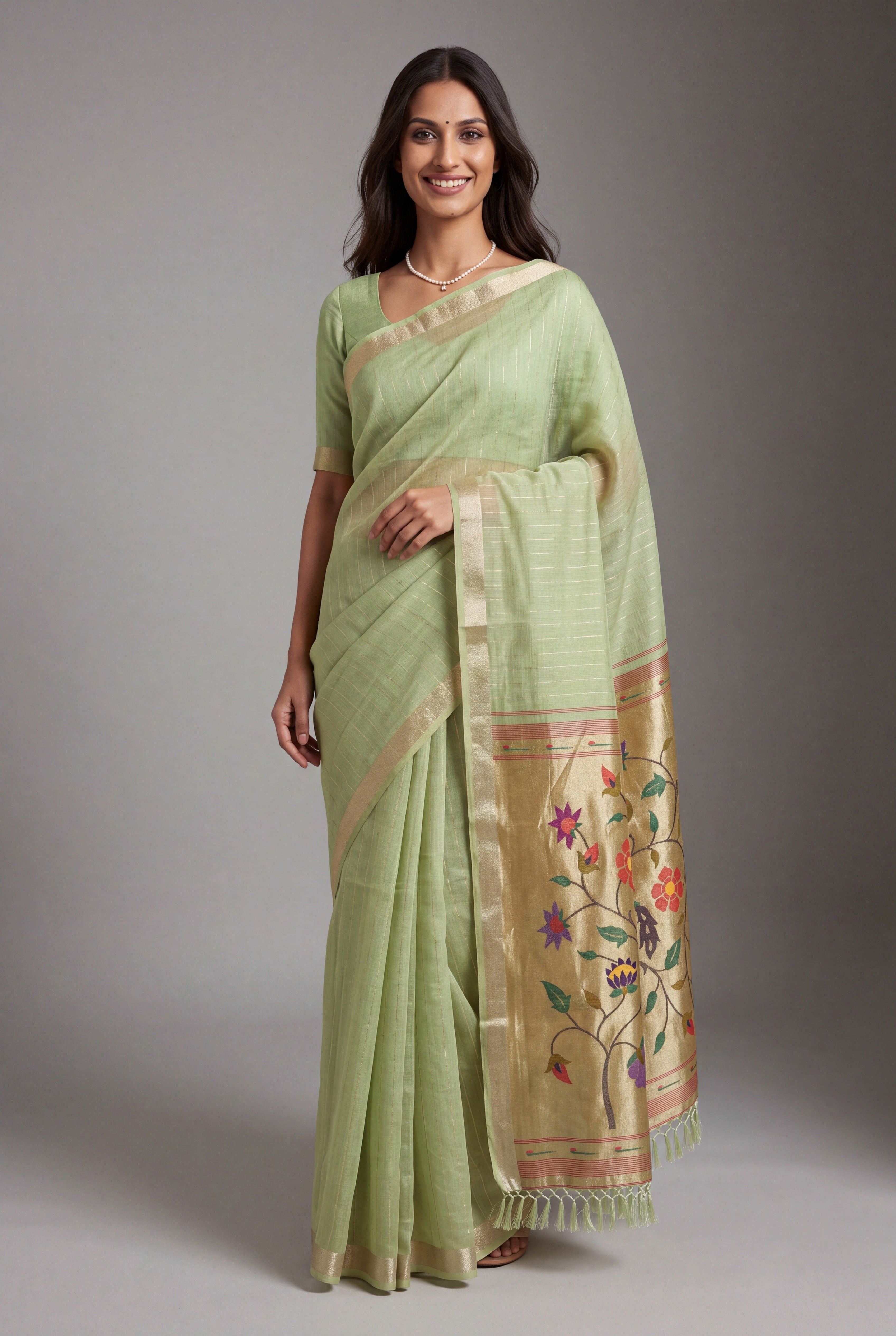 Pista Green Jamdhani Cotton Paithani Saree with Zari Stripes and Puṣpavallī Pallu