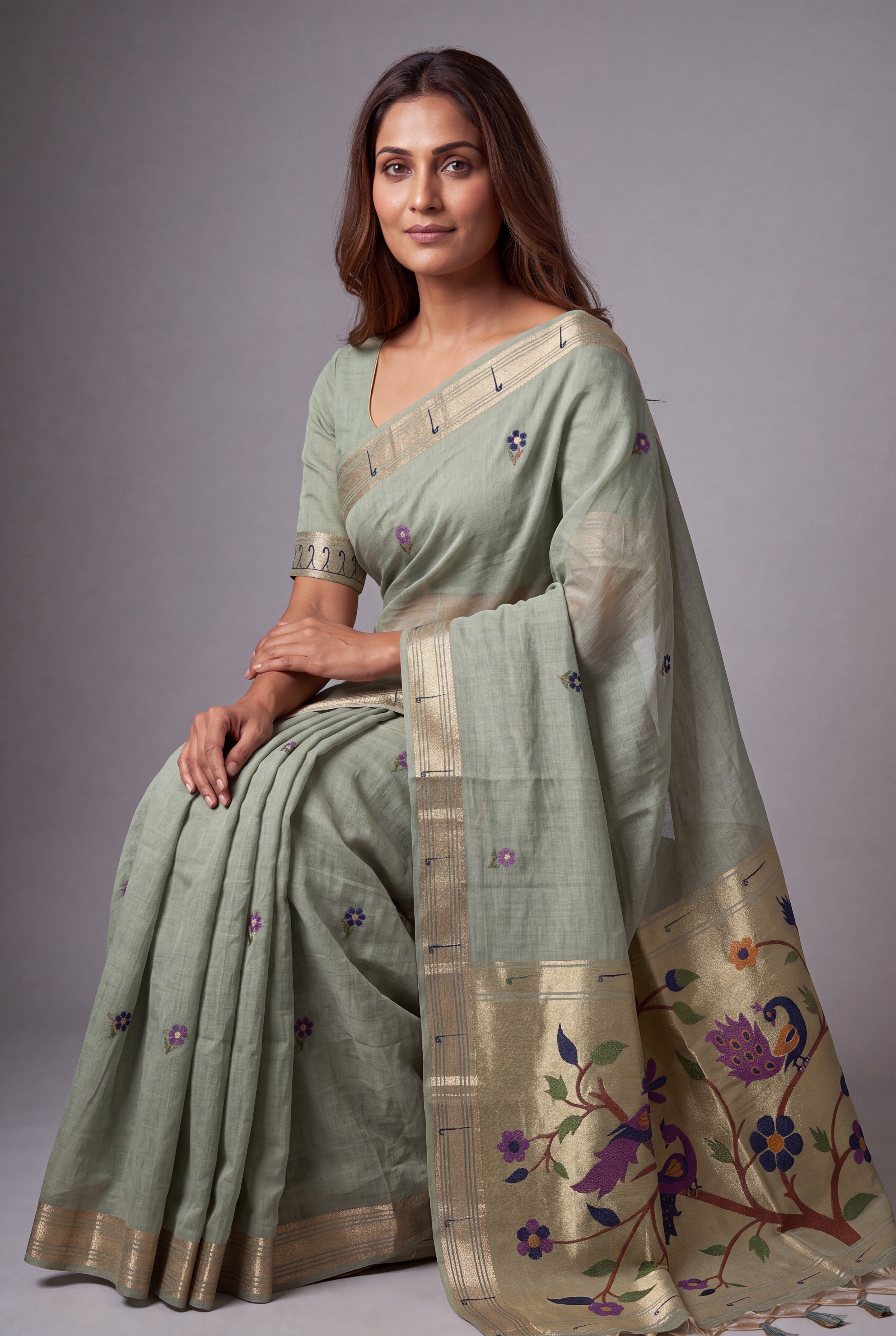 Pistachio Green Jamdhani Cotton Saree with Adbhuta Mayūra Pallu