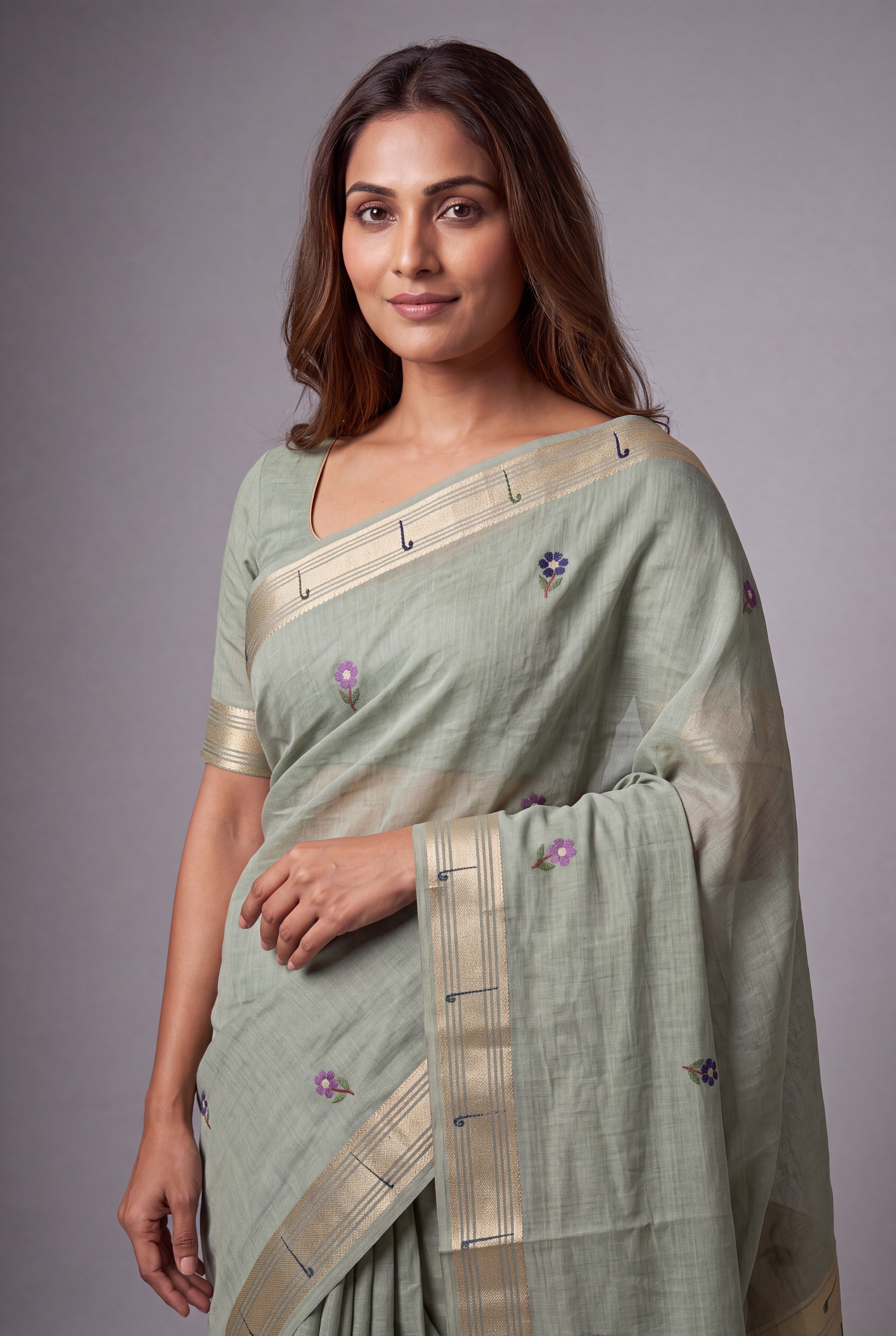 Pistachio Green Jamdhani Cotton Saree with Adbhuta Mayūra Pallu