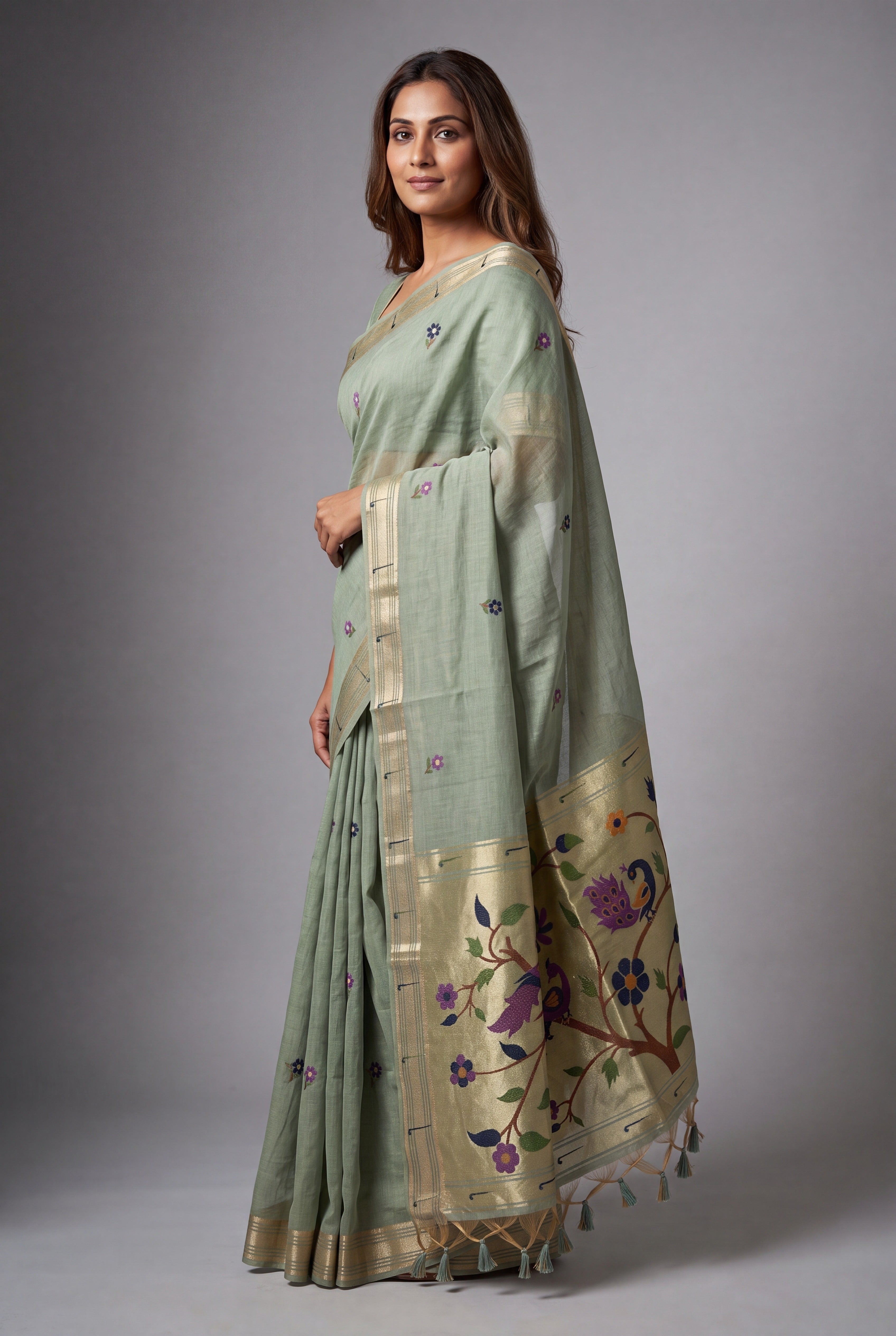 Pistachio Green Jamdhani Cotton Saree with Adbhuta Mayūra Pallu