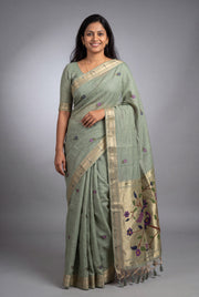 Pistachio Green Jamdhani Cotton Saree with Adbhuta Mayūra Pallu