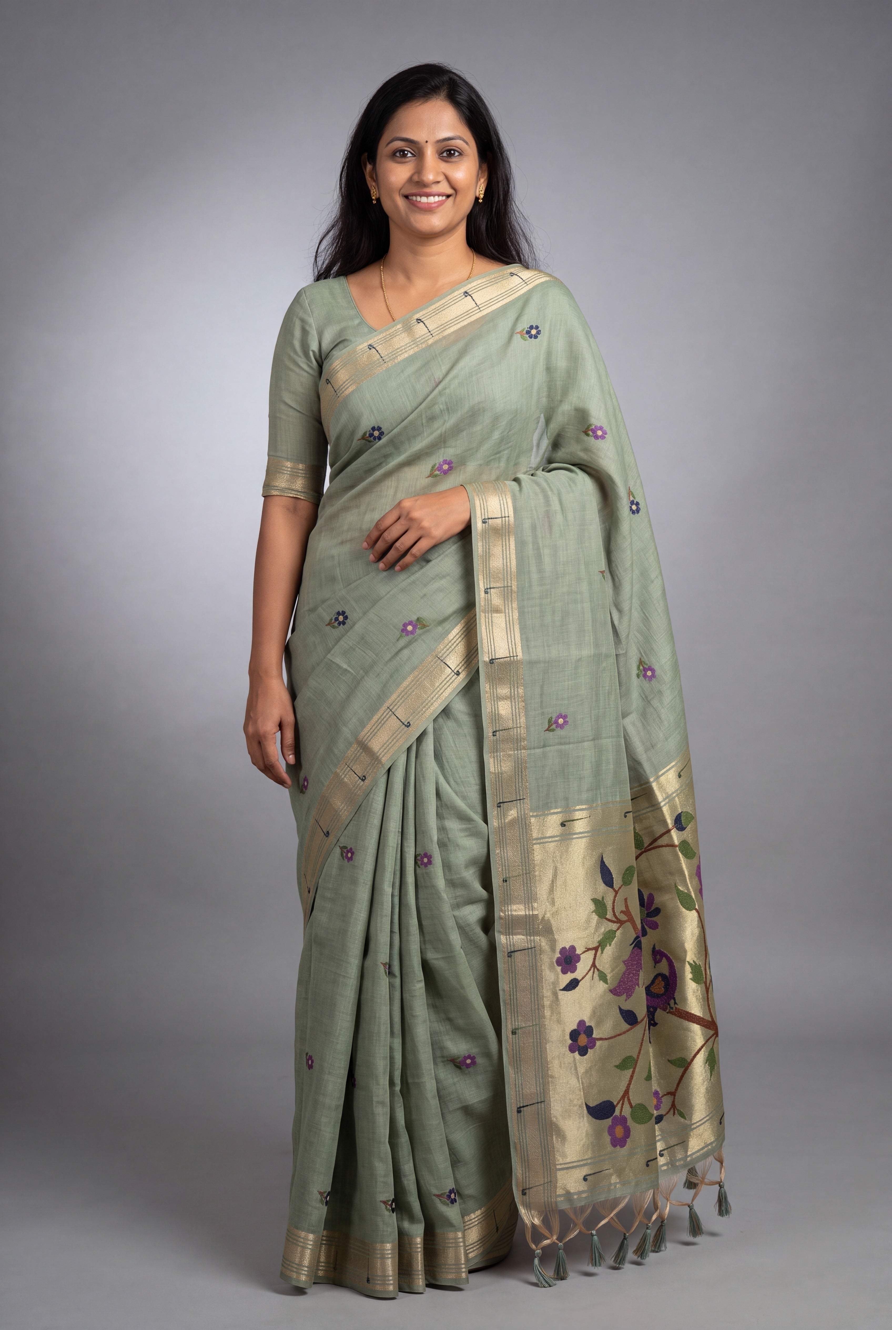 Pistachio Green Jamdhani Cotton Saree with Adbhuta Mayūra Pallu
