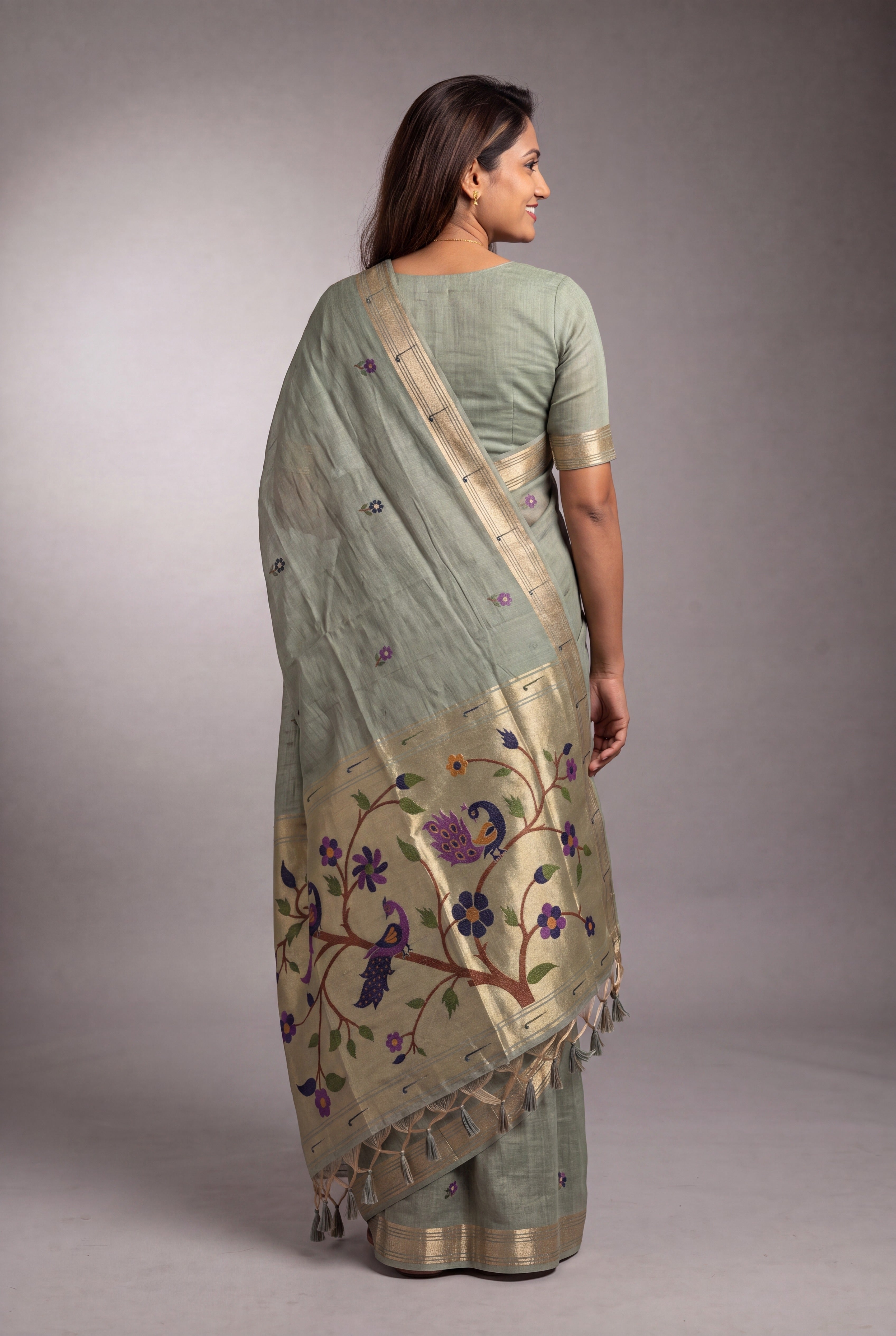 Pistachio Green Jamdhani Cotton Saree with Adbhuta Mayūra Pallu