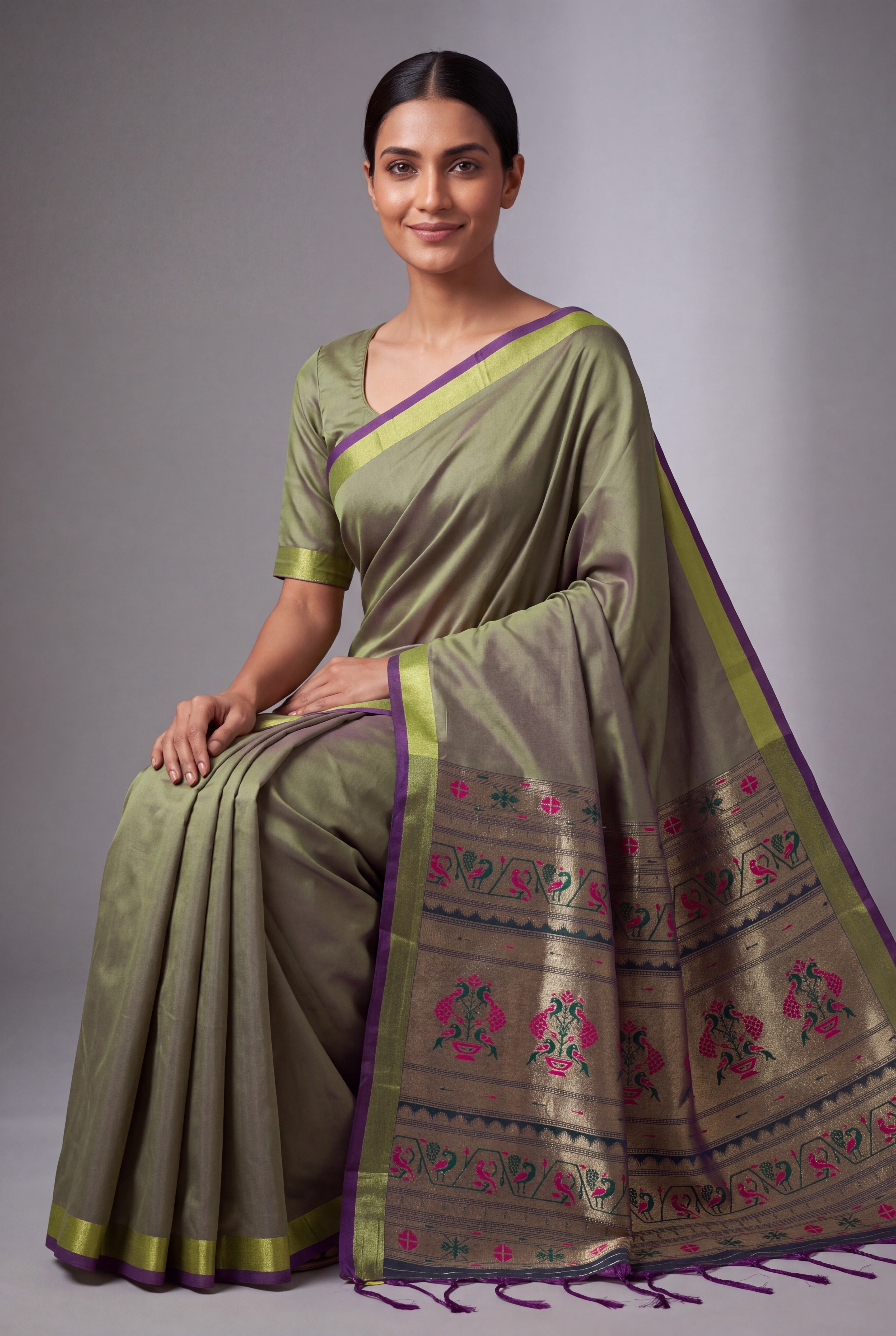 Pistachio Green Katan Silk Paithani with Rani Pink Mayur butti