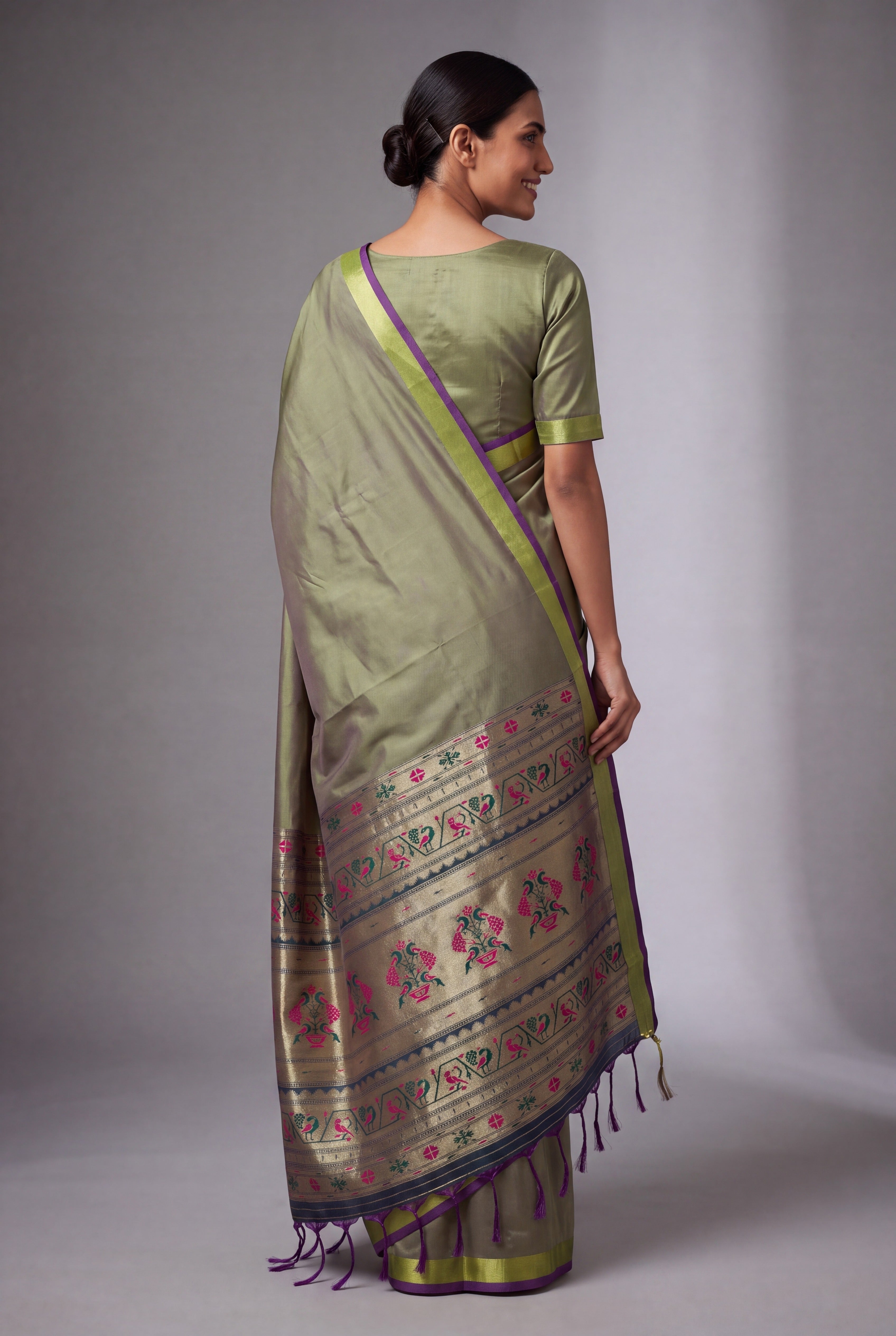 Pistachio Green Katan Silk Paithani with Rani Pink Mayur butti