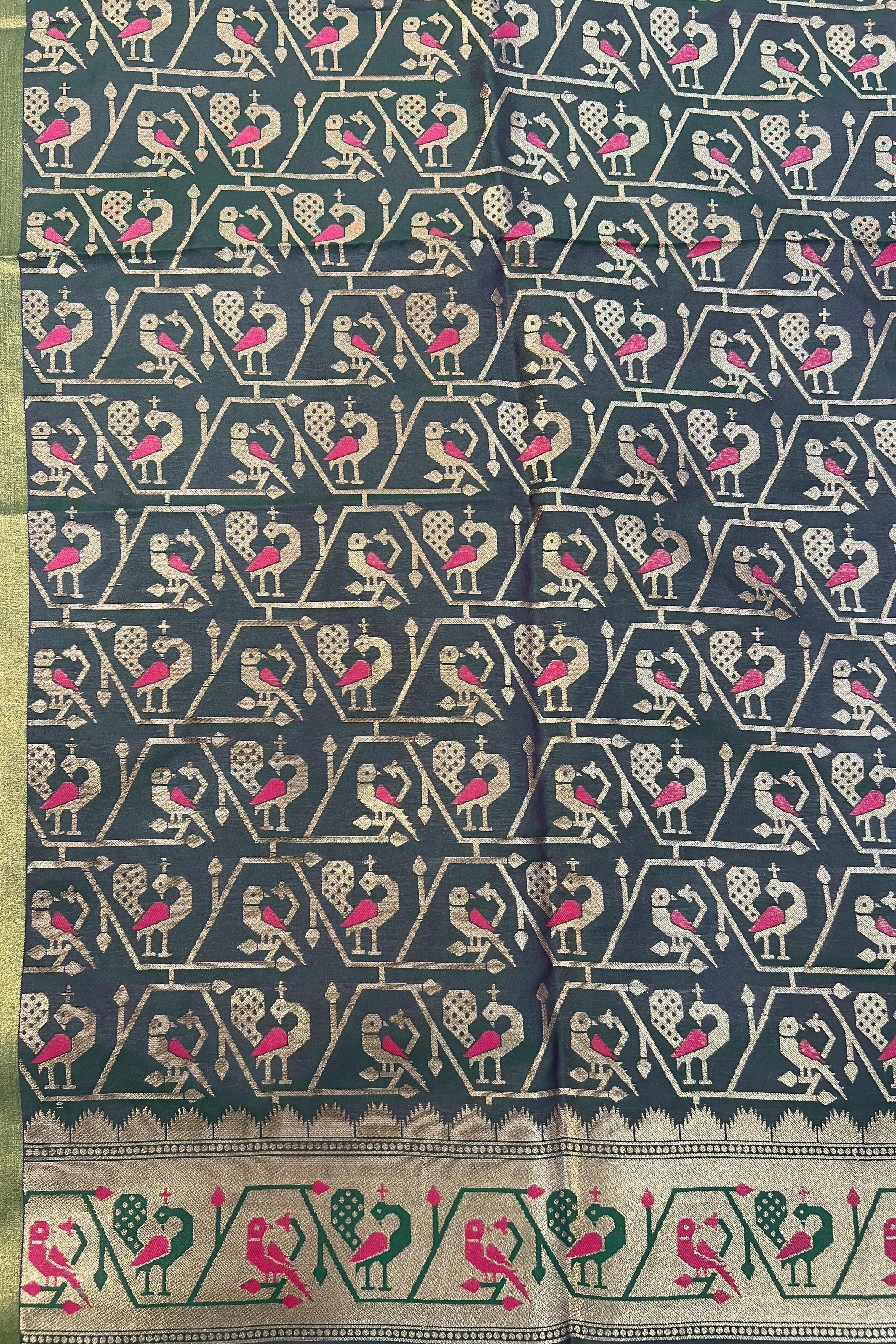 Pistachio Green Katan Silk Paithani with Rani Pink Mayur butti