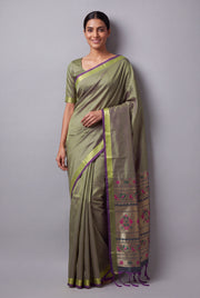 Pistachio Green Katan Silk Paithani with Rani Pink Mayur butti