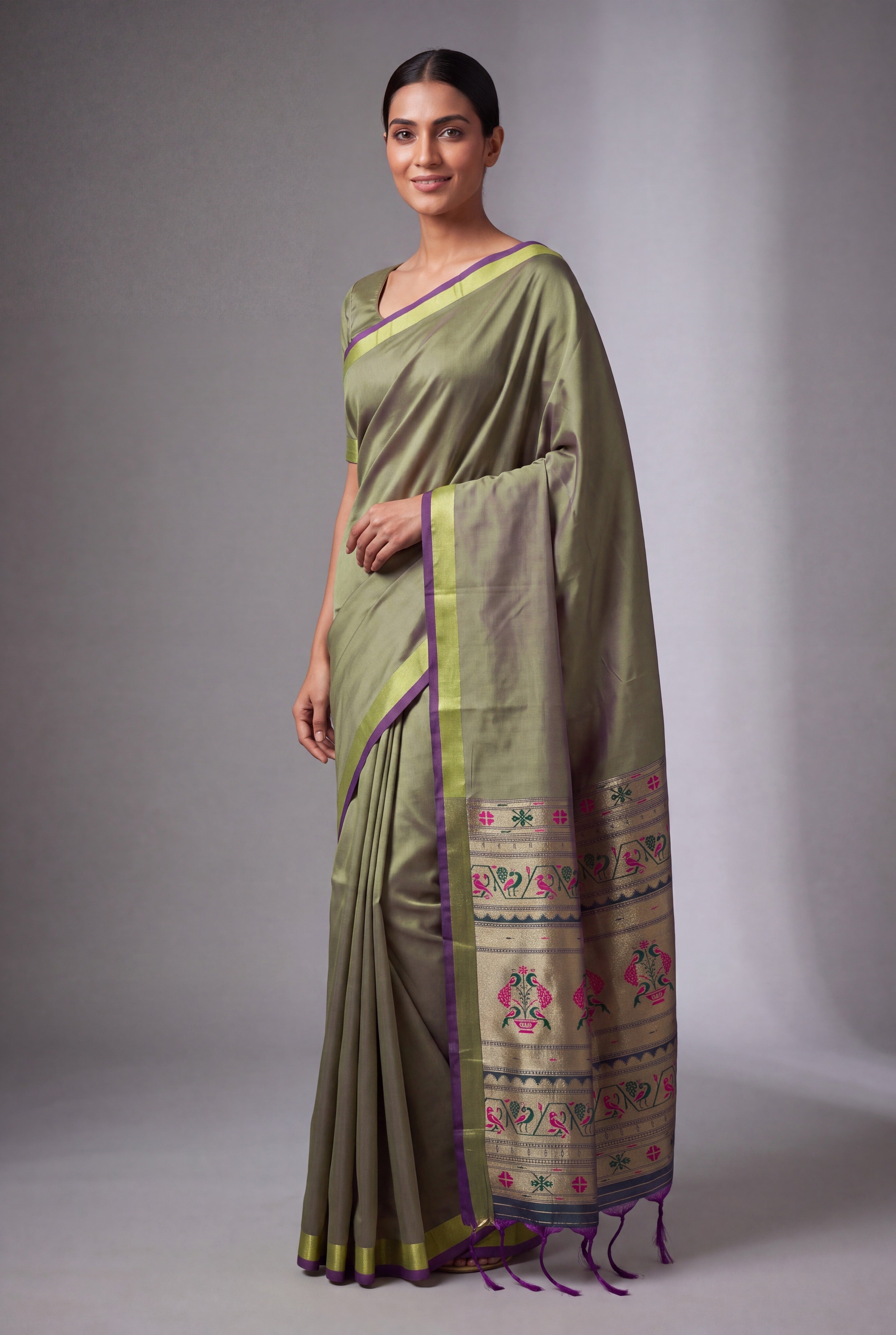 Pistachio Green Katan Silk Paithani with Rani Pink Mayur butti