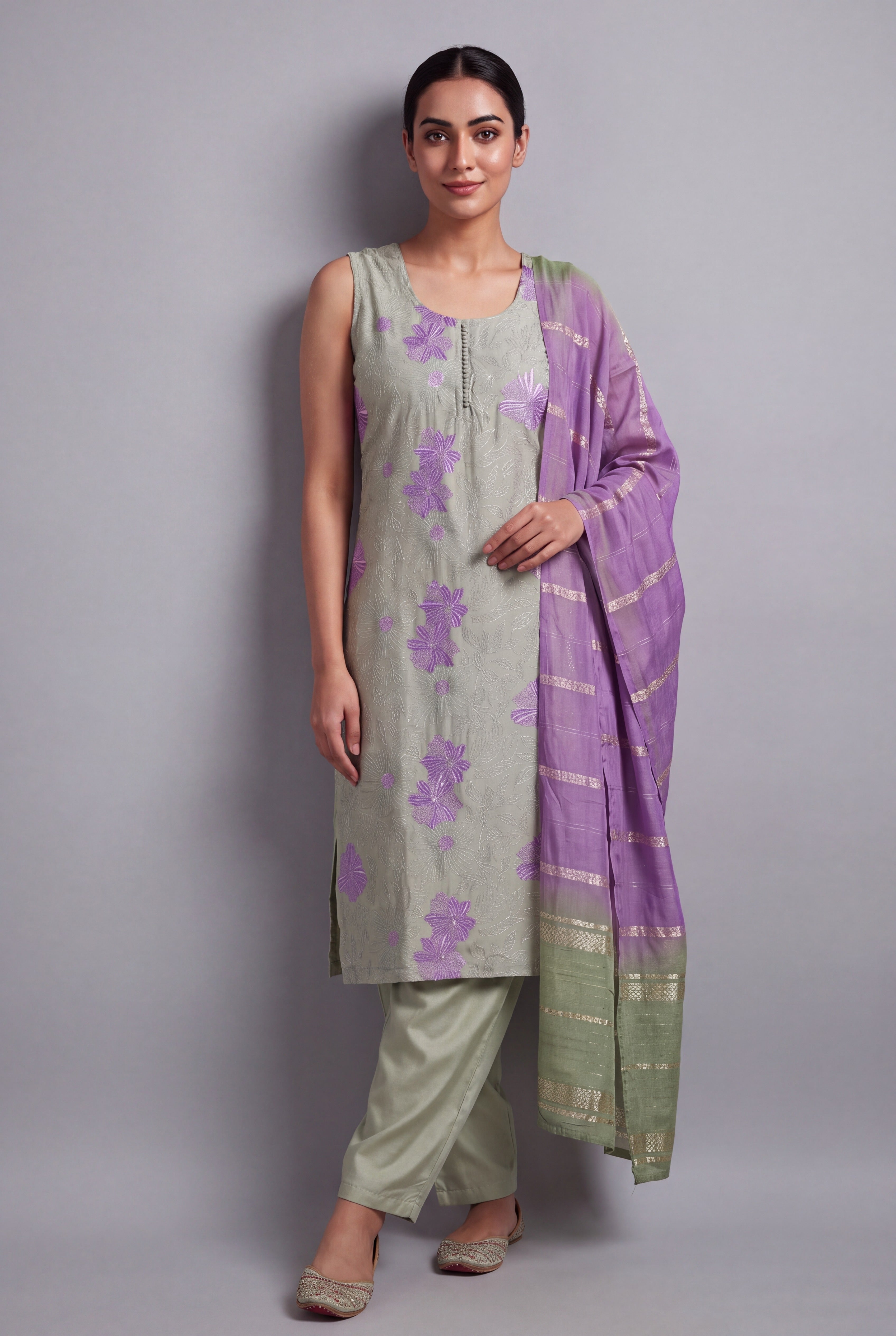Pistachio Green Soft Silk Suit Set with Śyāmapuṣpa threadwork and Sequin work